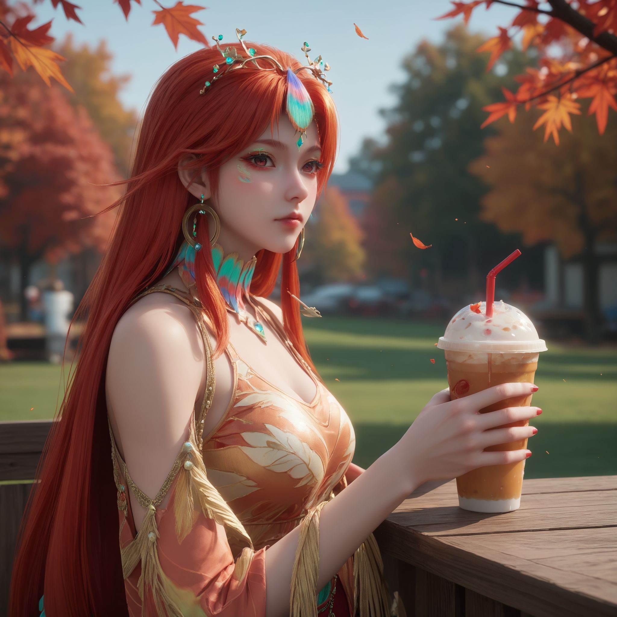 score_9,score_8_up,score_7_up,1girl,solo,holding_cup,cup,holding,disposable_cup,looking_at_viewer,blurry,drinking_straw,blurry_foreground,depth_of_field,autumn_leaves,autumn,blush, <lora:沧元图-柳七月-凤凰Pony:0.6>,long,flowing red hair,a vibrant,flowing skirt adorned with large,colorful,peacock-like feathers in shades of green,blue,and gold,cascading down her right side.,