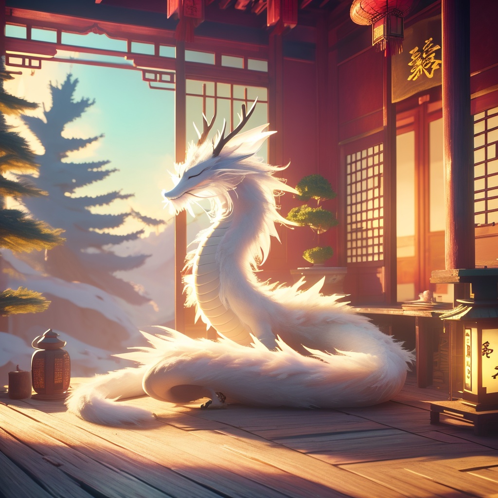 eastern dragon,soft lighting,white fur,antlers,whimsy and dramatic lighting,warm colors,mf-movie-filter,cc-color-correction,cute,whiskers,sunset,eastern dragon focus,claws,chinese zodiac,east asian architecture,no humans,dragon,indoors,lantern,scenery,sitting,solo,horns,blurry,closed eyes,wooden floor,tree,sky,day,from side,architecture,<lora:chenglong_v1:0.8>,