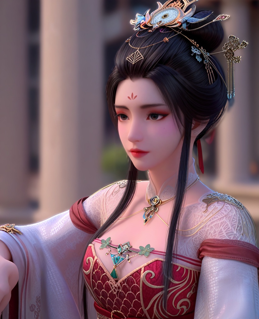 (oriental architecture, elegant decor, sophisticated style:1.1),(Bending down to tie shoelaces, with a puppy or pet eagerly watching and playing,:1.1),(breasts:1.2),<lora:XL暗河传医者白鹤淮:0.95>,miss baihehuai,chinese clothes,detached collar,red corset,red overskirt,hair bun,black hair,hair ornament,hanging hair,forehead mark,black eyes,shoulder mesh,jewelry,floral print,, score_9,score_8_up,score_7_up,score_6_up,score_5_up,score_4_up,3d rendering,tag1,tag2, Cinematic Lighting,backlighting,