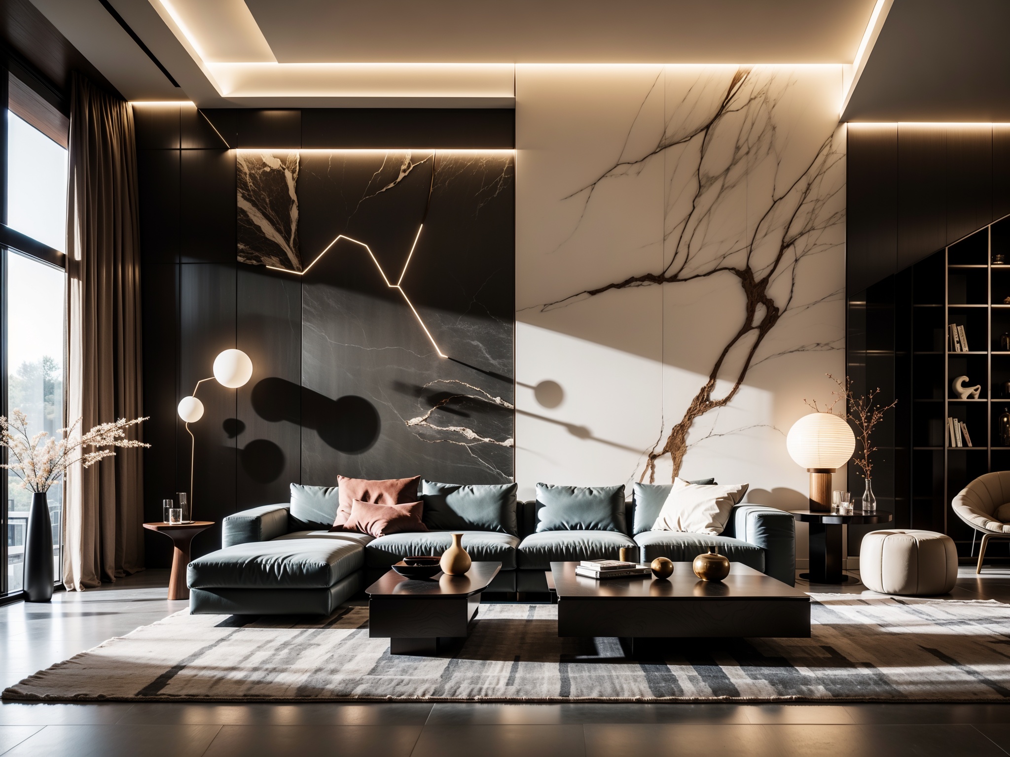01_interiorV1, interior design, no humans, ceiling, floor, wall, sofa, coffee table, armchair, rug, lamp, curtain, cushion, vase, book, stool, chair, window, shelf, bottle, book,sculpture, (((masterpiece))), (((best quality))), (((ultra-detailed))), Hyper Real, (Photorealistic:1.6), 16K, high detail, high resolution, (extremely detailed:1.4), (Realistic:1.6), crazy detail, sharp focus, Photo-realistic accuracy,  