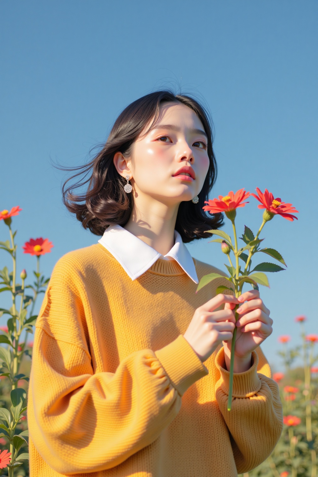 beijihui,A young woman stands under a cloudless blue sky,wearing an oversized mustard yellow sweater with a crisp white collar. She holds a bright red flower in her hands,her gaze serene as she is lost in the moment. The golden sunlight casts soft shadows on her skin,enhancing the warm,nostalgic tones. The image has the aesthetic of a vintage film,with rich and saturated colors,evoking a sense of contemplation and natural beauty. The scene exudes simplicity,harmony,and a deep connection with nature.,