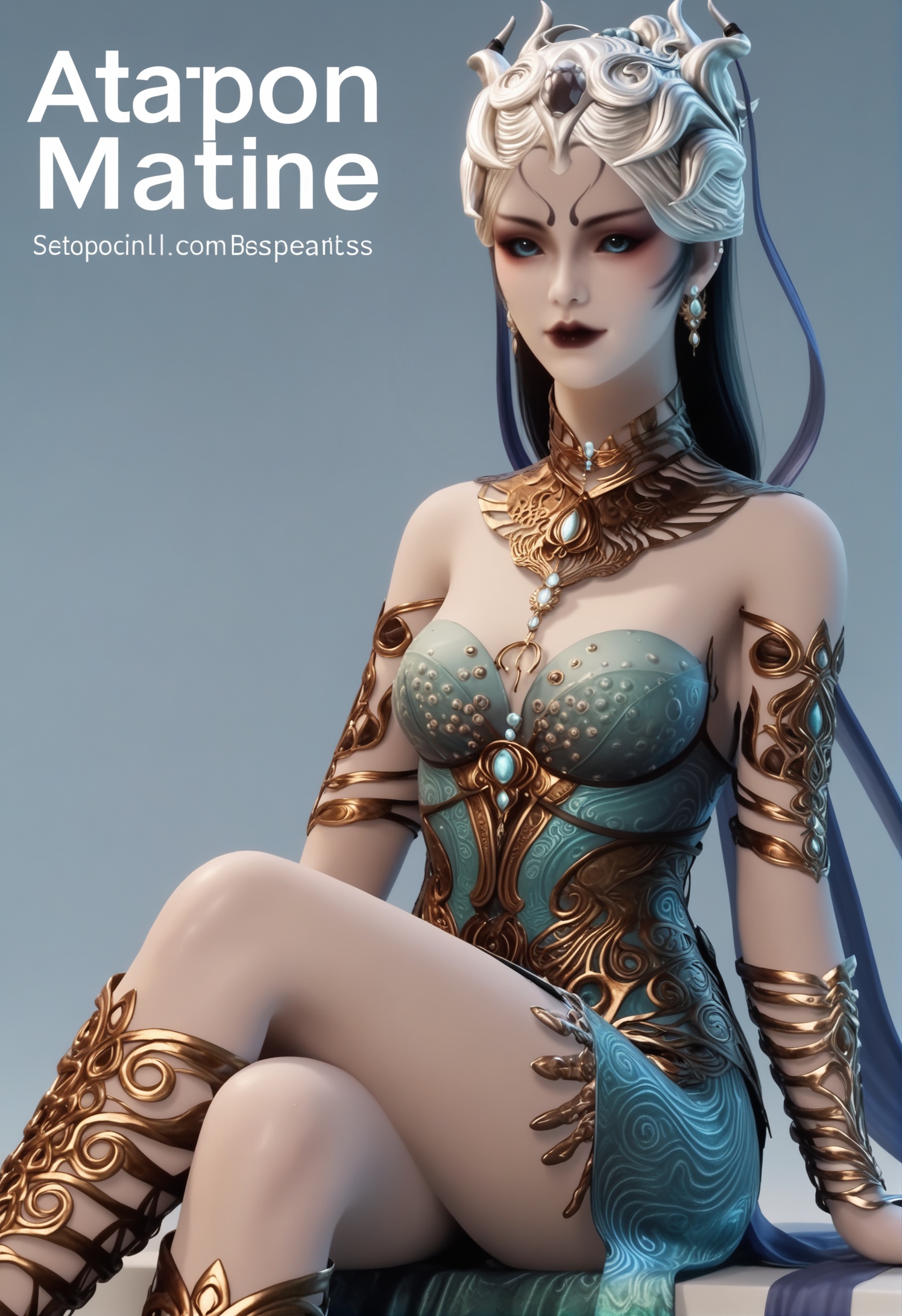 score_9,score_8_up,score_7_up,1girl,solo,realistic,(looking at viewer:1.1),(arms_behind_back:1.2),1girl,solo,realistic,dress,long dress,armor,black dress,blue dress,gold trim,backless_dress,1girl,solo,realistic,jewelry,helmet,headdress,tiara,gem,headpiece,neck ring,metal collar,earrings,bracer,armlet,bracelet,1girl,solo,realistic,(mature face:1.2),big eye,(pale_skin:1.1),shiny_skin,slender face,long hair,black hair,blue eyes,forehead mark,facial mark,makeup,eyeshadow,black lips,bare shoulders,closed mouth,realistic,(grey_theme:1.1),(solid background:1.2),simple background,(magazine cover theme:0.75),sitting,(crossed_legs:1.3),(white chair:0.8),<lora:小巳-天阴子:0.85>,