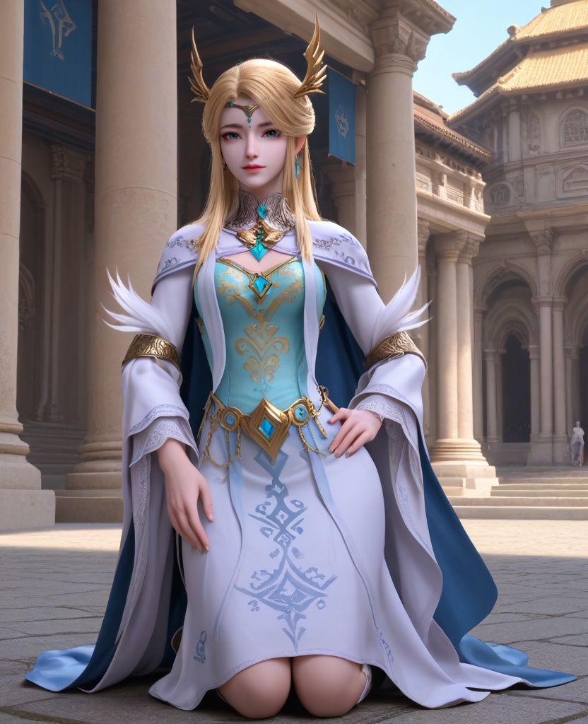(oriental architecture, elegant decor, sophisticated style:1.1),(Kneeling with one hand on the ground and the other on the hip:1.1),(breasts:1.2),<lora:XL16长夜开拓者圣女维罗妮卡:0.95>,miss veronica,blue corset dress,blue eyes,blonde hair,half-up ponytail with hair over shoulder,hair ornament,jewelry,choker,tiered sleeves,earrings,cape,white dress hem,white high heel boots,, score_9,score_8_up,score_7_up,score_6_up,score_5_up,score_4_up,3d rendering,tag1,tag2, Cinematic Lighting,backlighting,
