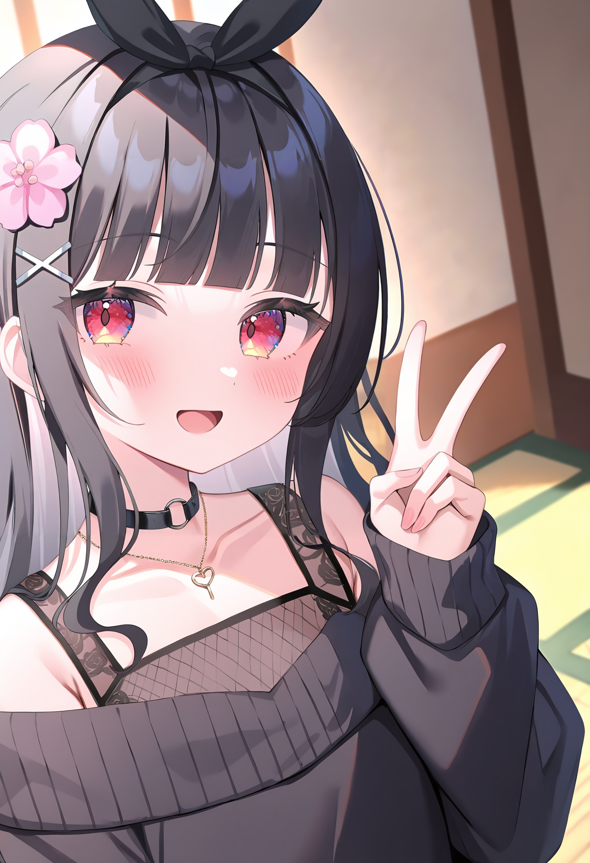 masterpiece,best quality,highly detailed,masterpiece,best quality,highly detailed,1girl,solo,black hair,long hair,wavy hair,blunt bangs,red eyes,blush,smile,open mouth,looking at viewer,hair ornament,hair flower,cherry blossom,pink flower,hair ribbon,black ribbon,hair clip,x hair ornament,choker,black choker,necklace,cross necklace,heart necklace,black sweater,off shoulder,bare shoulders,fishnet,mesh,see-through,knitted,peace sign,v-sign,hand up,tilted head,indoors,japanese style room,shoji,upper body,vertical,<lora:MAT_STYLE:0.9>,mat_style,