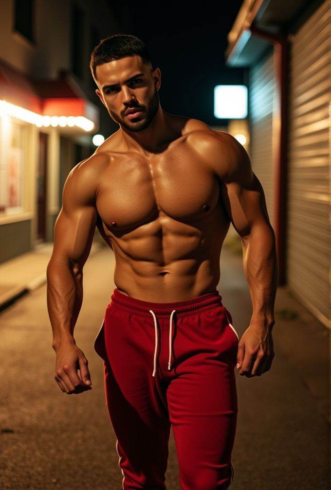 aaron owen ,  realistic photo in a worn ((skin-revealing skimpy erotic red tracksuit,  massive pecs)) on Tensor.Art