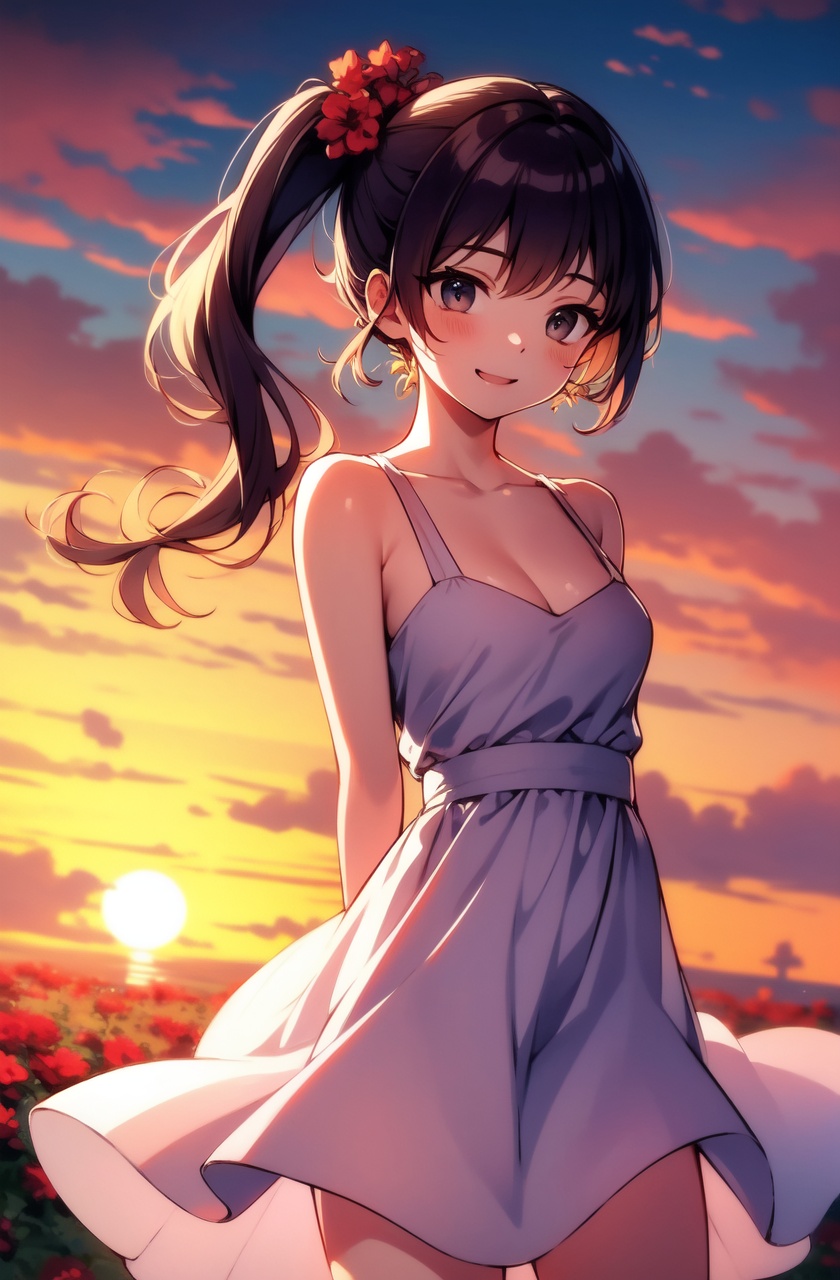 ultra highres,masterpiece,best quality,red flower,cloudy sky,flower focus,1girl,sundress,cleavage,bare shoulders,side ponytail,thighs,sunlight,smile,