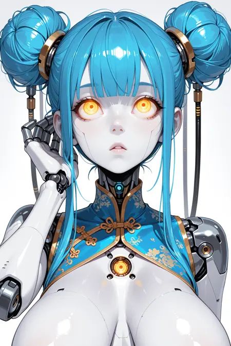 masterpiece, best quality, amazing quality, very aesthetic, absurdres,

1girl, portrait, face focus, solo, android girl, skinny, colored skin, white skin, metal skin, robot joints, chest implant, solid circle eyes, yellow eyes, mechanical eyes, glowing eyes, curious, looking up, blue hair, cable hair, cyberlox, straight bangs, cable side locks, huge breasts, breasts apart, twin buns, china dress, short dress, hand in hair,