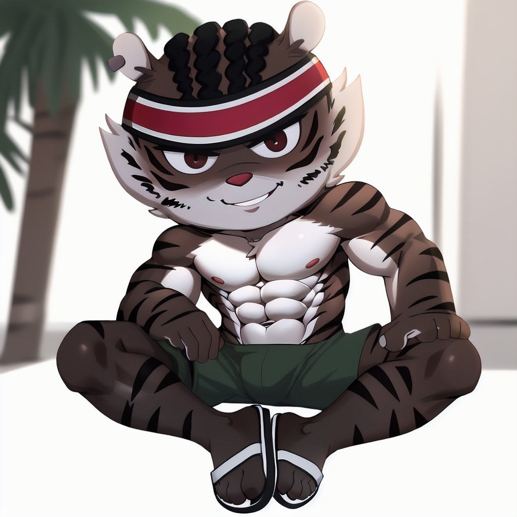 front view,(masterpiece),high details,solo,1boy,( huyi, animal ears, black and red headband, flip-flops,<lora:huyi-000005:0.8>,),bara,abs,sitting,legs apart,green shorts,fucker,dynamic pose,blurry background,32k,looking at viewer,close,<lora:bmV8r:0>,muscular male,AS-Younger,<lora:unagedown_V20:-2.5>,age regression,child,<lora:BrutalMass2:0.3>,BrutalMass,vascular,veinsmuscular male,bodybuilder, confident, smile, wink,