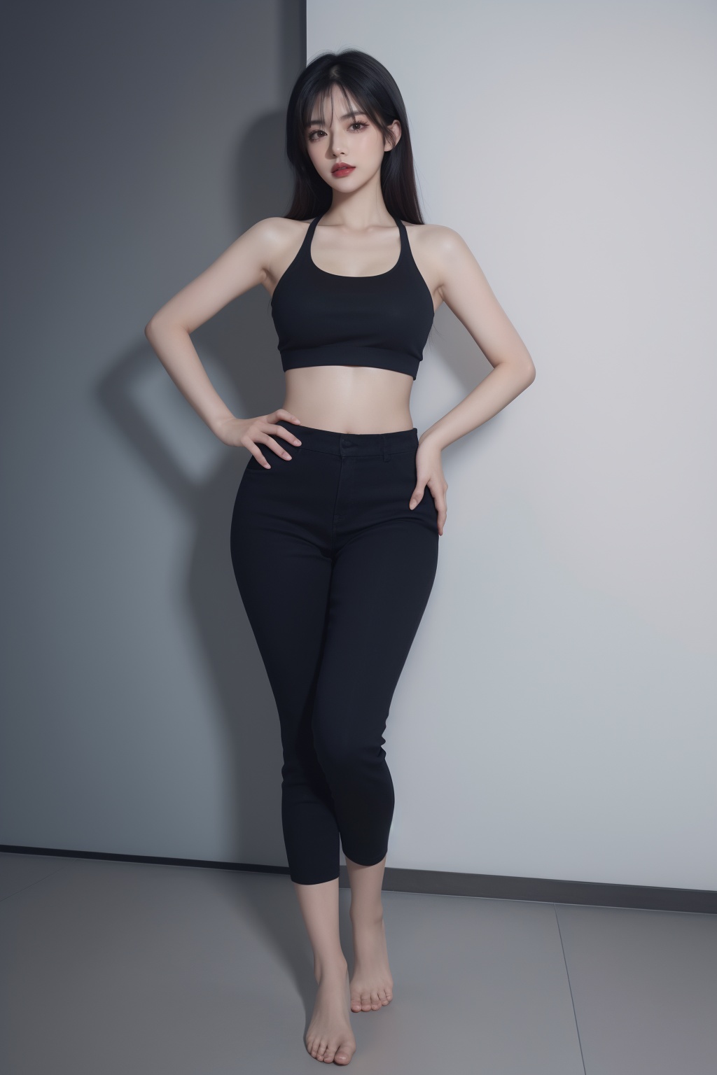 1girl, bare shoulders, barefoot, black hair, black nails, black pants, breasts, capri pants, crop top, full body, hand on hip, leggings, lips, long hair, makeup, midriff, nail polish, nose, pants, solo, sports bra, standing, toenail polish, toenails, yoga pants<lora:运动美女:0.66>