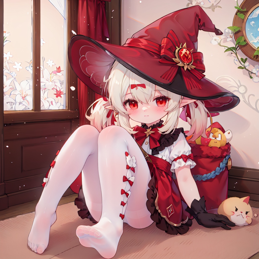 keli,masterpiece,best quality,high quality,1girl,foot focus,no shoes,feet,soles,pantyhose,sitting,looking at viewer,white pantyhose,toes,indoors,closed mouth,hand up,blush,chromatic aberration,knees up,legs,expressionless,gloves,black gloves,twintails,hat,witch hat,solo,pointy ears,red headwear,short sleeves,red eyes,official alternate costume,vision \(genshin impact\),red bow,low twintails,smile,bowtie,hair between eyes,sidelocks,hair ribbon,dress,ribbon,frills,red bowtie,372089,<lora:huazhukeli_V1.4:0.5>,<lora:翼xuegao_V1.0:0.6>,<lora:ciloranko_cyan:0.3>,