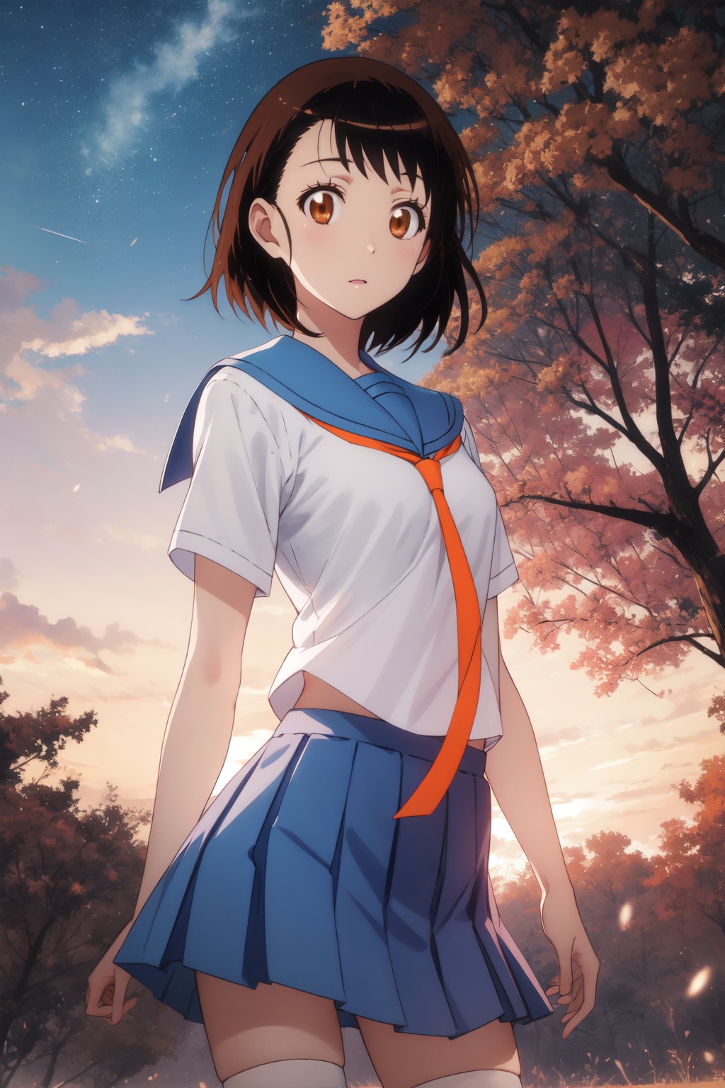 <lora:Kosaki-000013:0.8>,Kosaki CYQL,1girl,looking at viewer,solo,brown hair,short hair,asymmetrical hair,brown eyes,school uniform,serafuku,skirt,blue skirt,zettai ryouiki,smirk,upper_body,Sunset, Savanna, Grassland, Trees, Silhouettes, Colors, Wildlife, Horizon,(Cherry blossoms, Garden path, Dawn light, Sakura petals, Tranquil setting, Japanese elegance:0.5),beautiful detailed sky,beautiful detailed glow,posing in front of a colorful and dynamic background,masterpiece,best quality,beautiful and aesthetic,contrapposto,female focus,wallpaper,