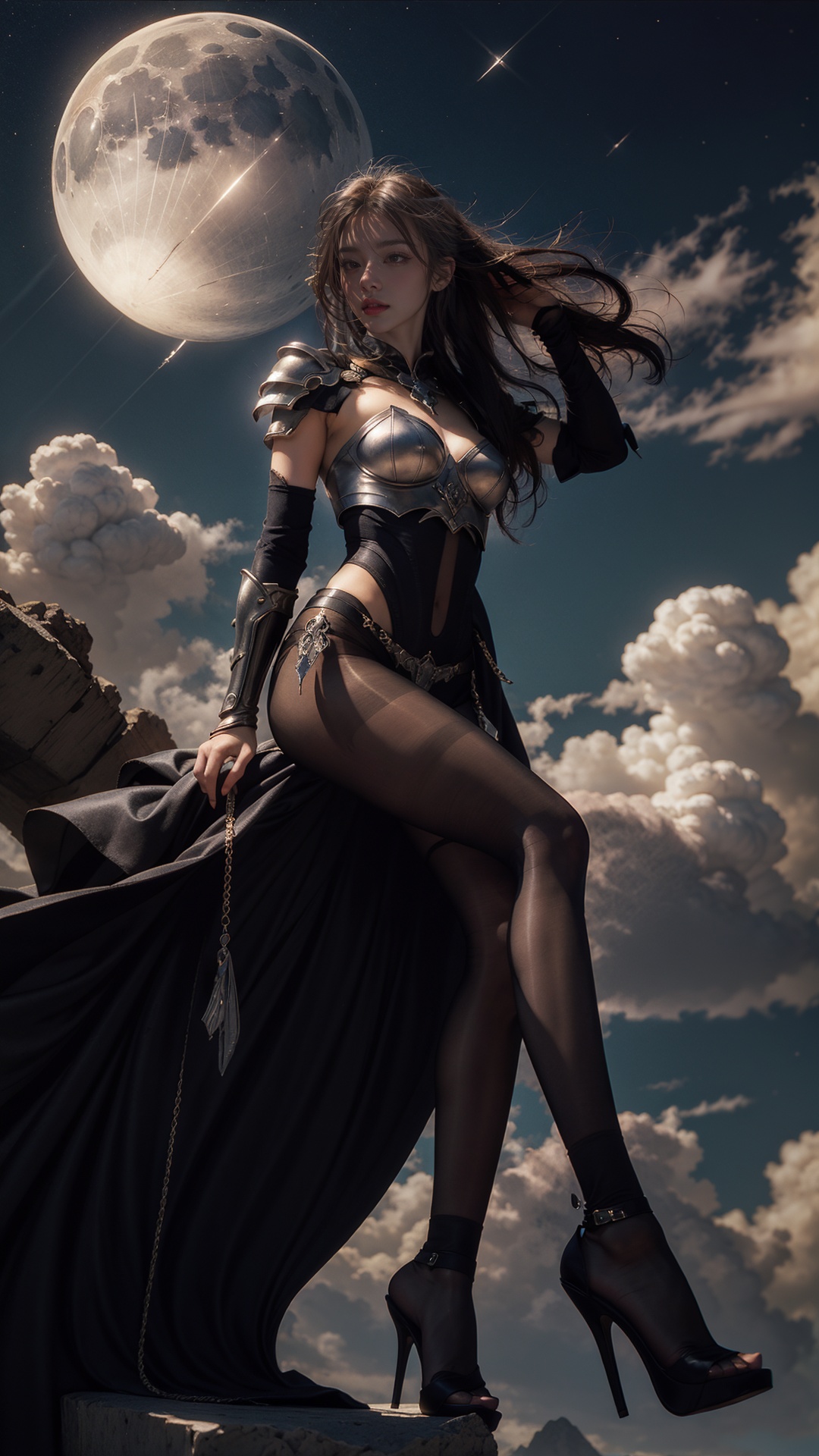 tutututu,black pantyhose,high heels,((best quality)),((masterpiece)),(detailed),alluring demon girl,glowing armor,ethereal beauty,perched on a cloud,(fantasy illustration:1.3),enchanting gaze,captivating pose,otherworldly charm,mystical sky,(Luis Royo:1.2),(Yoshitaka Amano:1.1),moonlit night,soft colors,(detailed cloudscape:1.3),(high-resolution:1.2),<lora:merged_0024:0.7>,