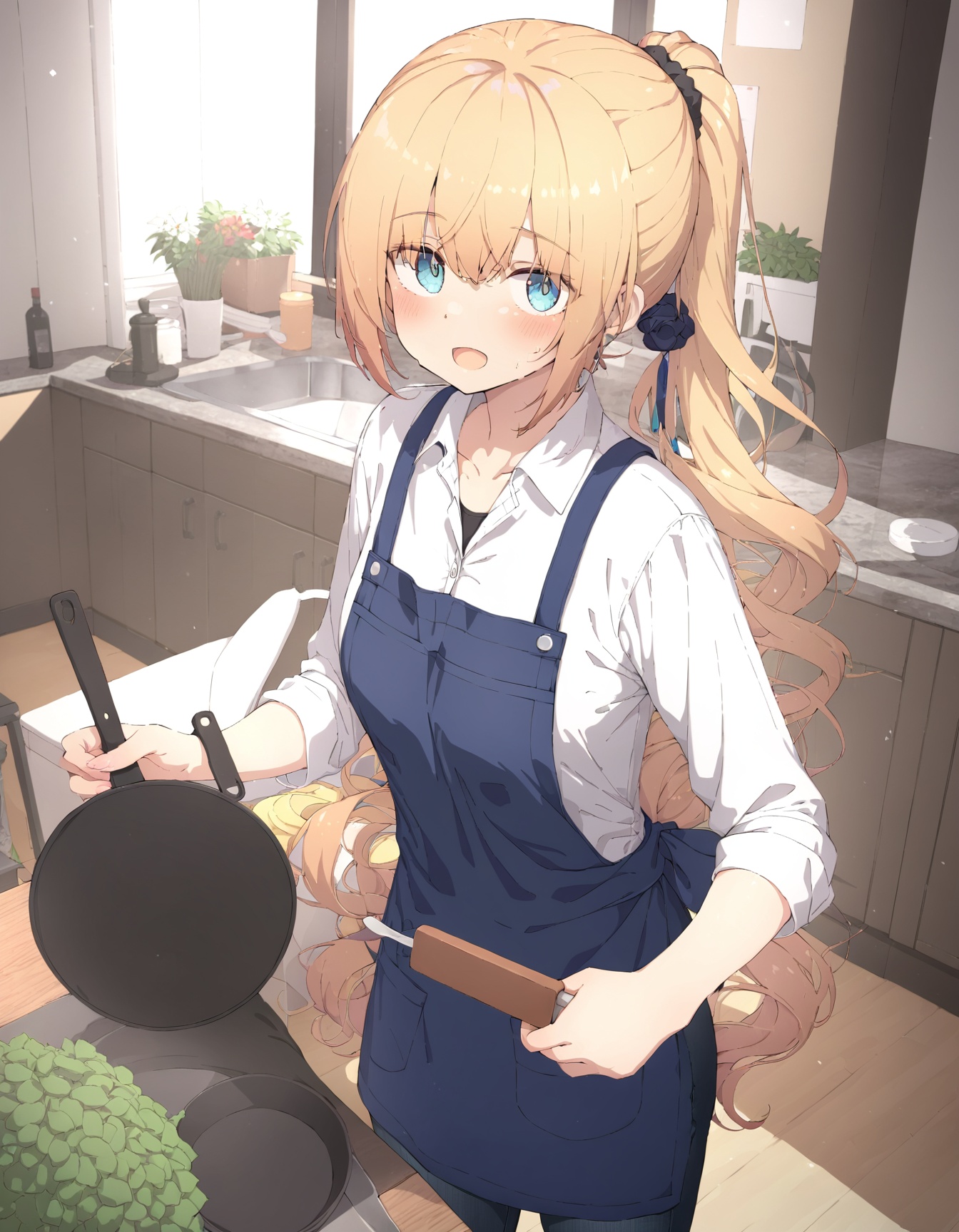 sy4style,1girl,    blue eyes, blonde hair, :o, frying pan, apron, kitchen, long hair, sleeves rolled up, pants, ponytail, jeans, holding spatula, spatula, shirt, tray, holding, denim, solo, blue apron, holding tray, collared shirt, hair between eyes, hair ornament, blush, white shirt, counter, scrunchie, indoors, hair scrunchie, black scrunchie, open mouth, very long hair, stove, masterpiece, newest, absurdres, safe <lora:sy4style (3):1>