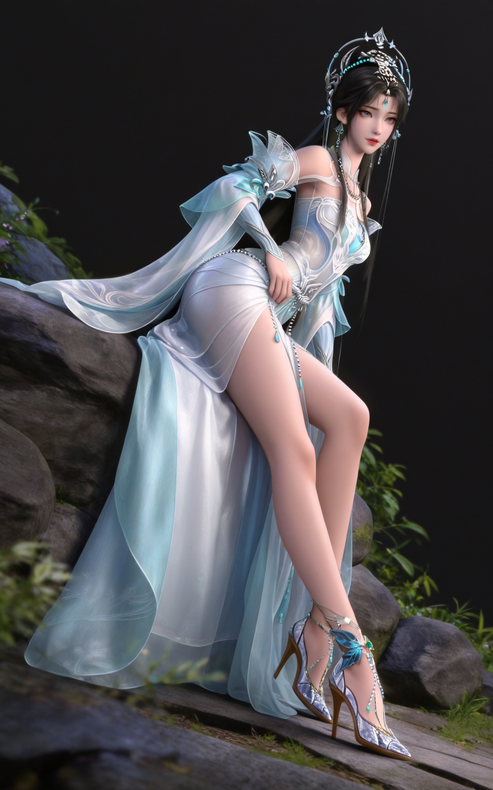 masterpiece,high quality,tall,game cg,highres,(soft light:1.2),(white_skin:0.6),(shiny_skin:0.6),(realistic:1.1),lvjing,<lora:清漪·全新ILL:0.8>,beads,long hair,grey eyes,forehead mark,black hair,forehead_jewel,hair_ornament,tiara,earrings,necklace,qingyi white dress,detached_sleeves,long_sleeves,1girl,solo,bare shoulders,high_heels,jewelry,black_background,simple background,outdoor,