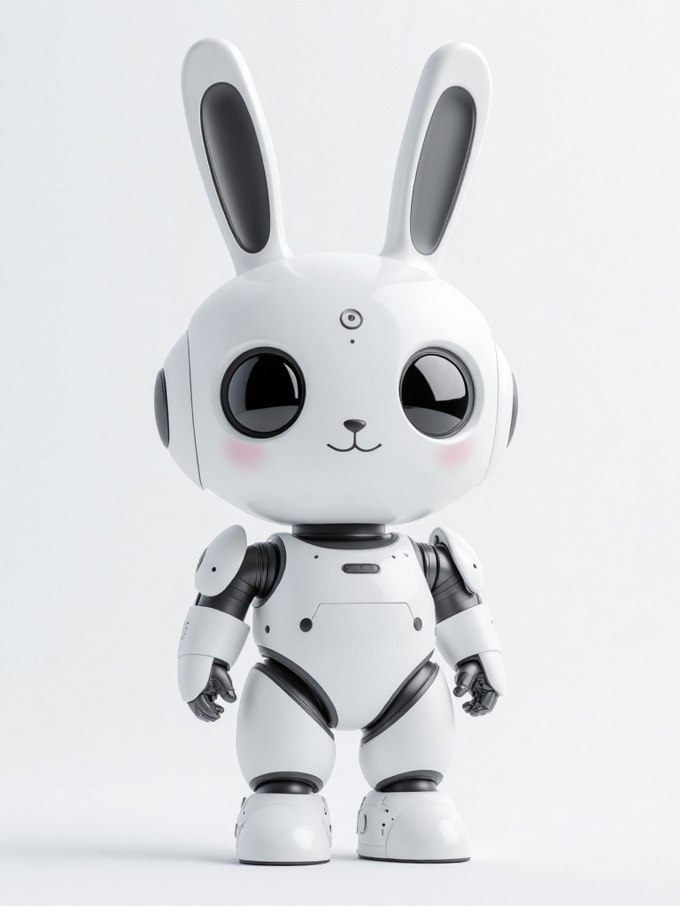 HIRO,A highly detailed CGI rendering of a cute,anthropomorphic robot with a bunny-**** head,large black eyes,and oversized ears. The robot has a glossy white and black body with smooth,rounded edges,and a small,friendly smile. The background is a plain,light grey,emphasizing the robot's shiny,futuristic design.,