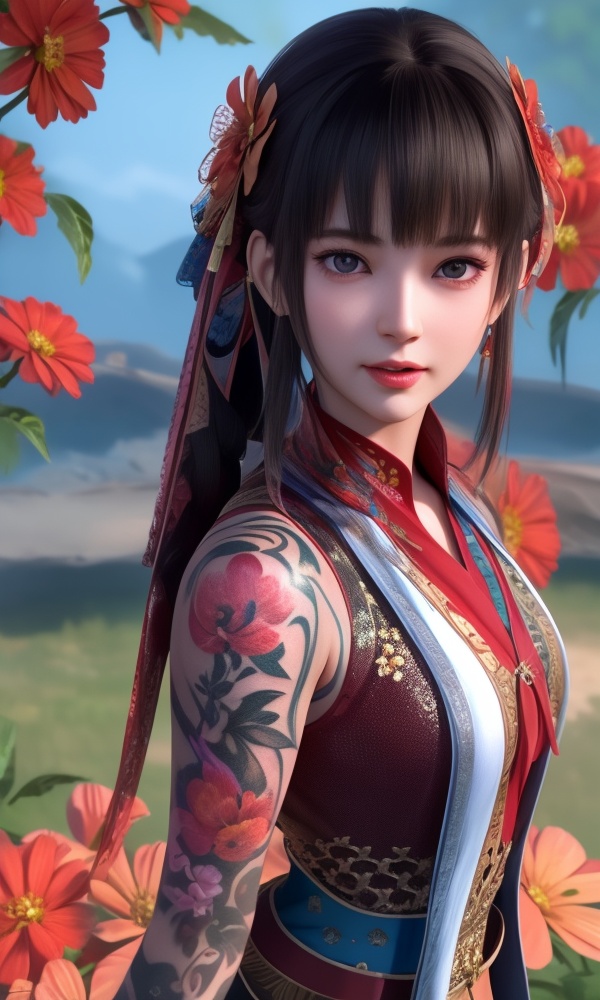 (,1girl, ,best quality, ),looking at viewer, <lora:399-DA-少年歌行-华锦:0.8> ,,ultra detailed background,ultra detailed background,ultra realistic 8k cg,, ,masterpiece, (( , )),ultra realistic 8k cgSurrounded by strange, movie perspective, advertising style, Colorful background, splash of color A beautiful woman with delicate facial features,tattoo all over body, flower arms,