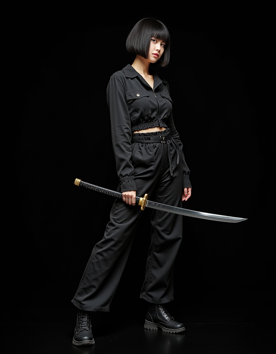 a real picture of a south korea woman,she was dressed in a cyberpunk style,with a samurai sword in hand,background pure black,
