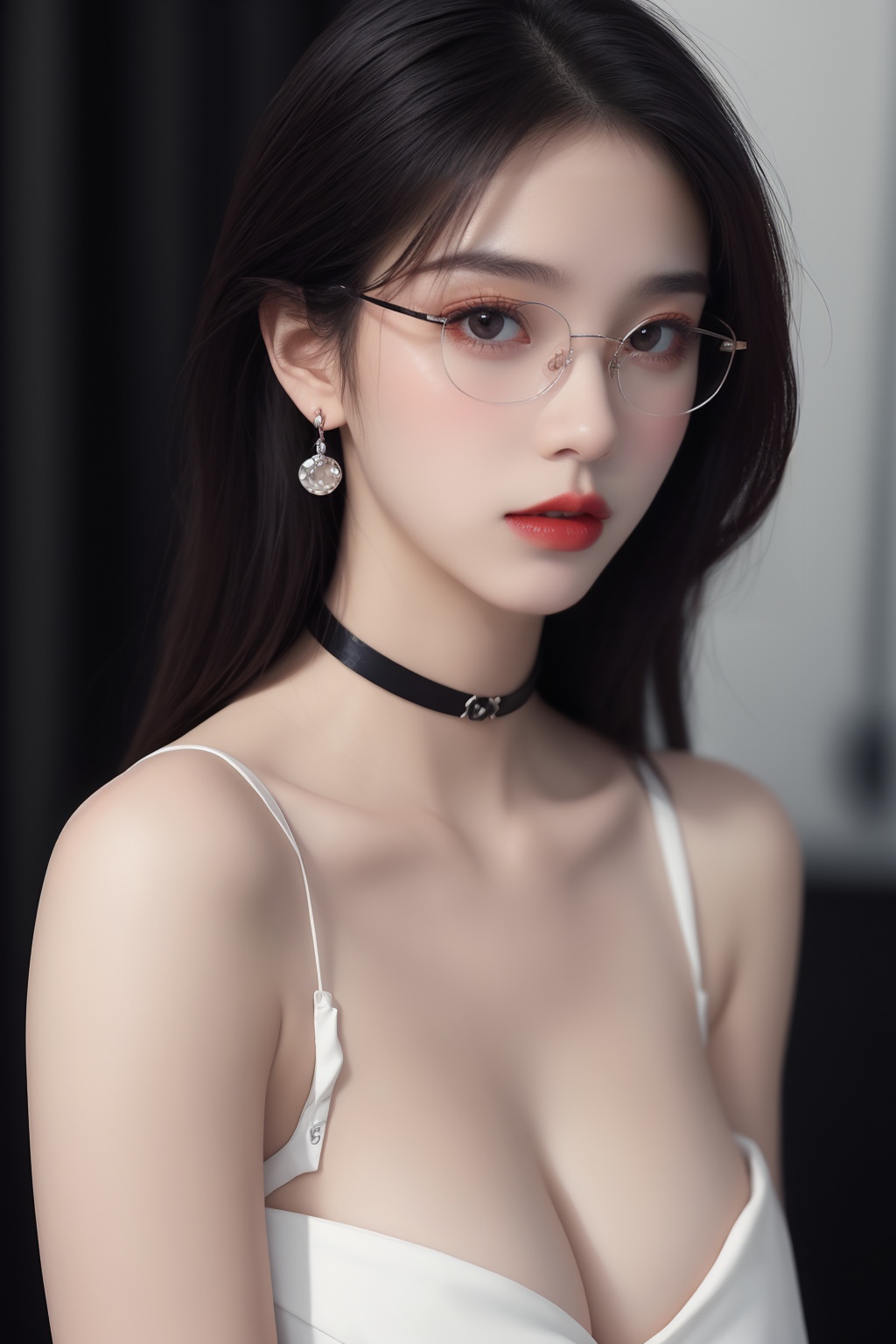 1girl, black choker, black hair, blurry, blurry background, blurry foreground, breasts, choker, cleavage, collarbone, depth of field, earrings, glasses, jewelry, large breasts, lips, long hair, looking at viewer, red lips, solo focus <lora:御姐:1>
