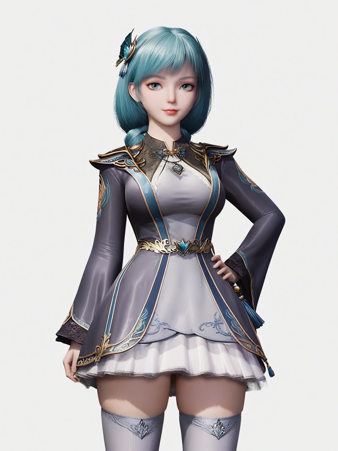 score_9,<lora:SF_XiaoXiao_Pony_Realism2.3-000004:0.7>,1girl,breasts,large breasts,standing,hair ornament,solo, dress,jewelry,skirt, thighhighs,cowboy shot,looking at viewer,white background,simple background,