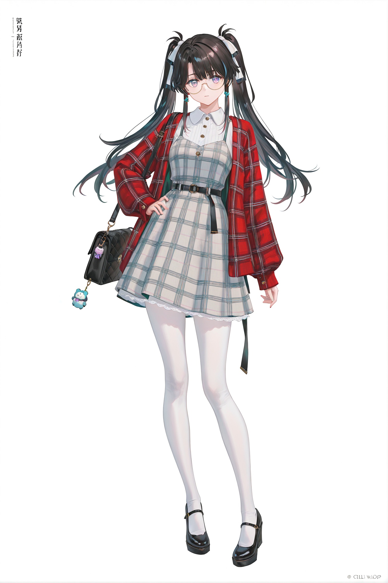 8k,best quality,masterpiece,(ultra-detailed),(high detailed skin),((artist:reoen),(artist:fuzichoco),(artist:atdan),(artist:torino_aqua),year 2024:0.8)1girl,[artist:wlop],[artist:ningen_mame],artist:ciloranko,[[artist:rhasta]],artist:tidsean,colorful,full body,full shot,standing,(solo:1.2),simple background,(white background:1.2),hand on own hip,(white background:1.1),alternate costume,solo,1bag,looking at viewer,plaid,charm (object),bag charm,bangs,contemporary,sidelocks,jewelry,character name,<lora:zhezhi-ill-Tanger:0.8>,zhezhi,default clothes,white pantyhose,1girl,long hair,black hair,glasses,twintails,dress,black footwear,