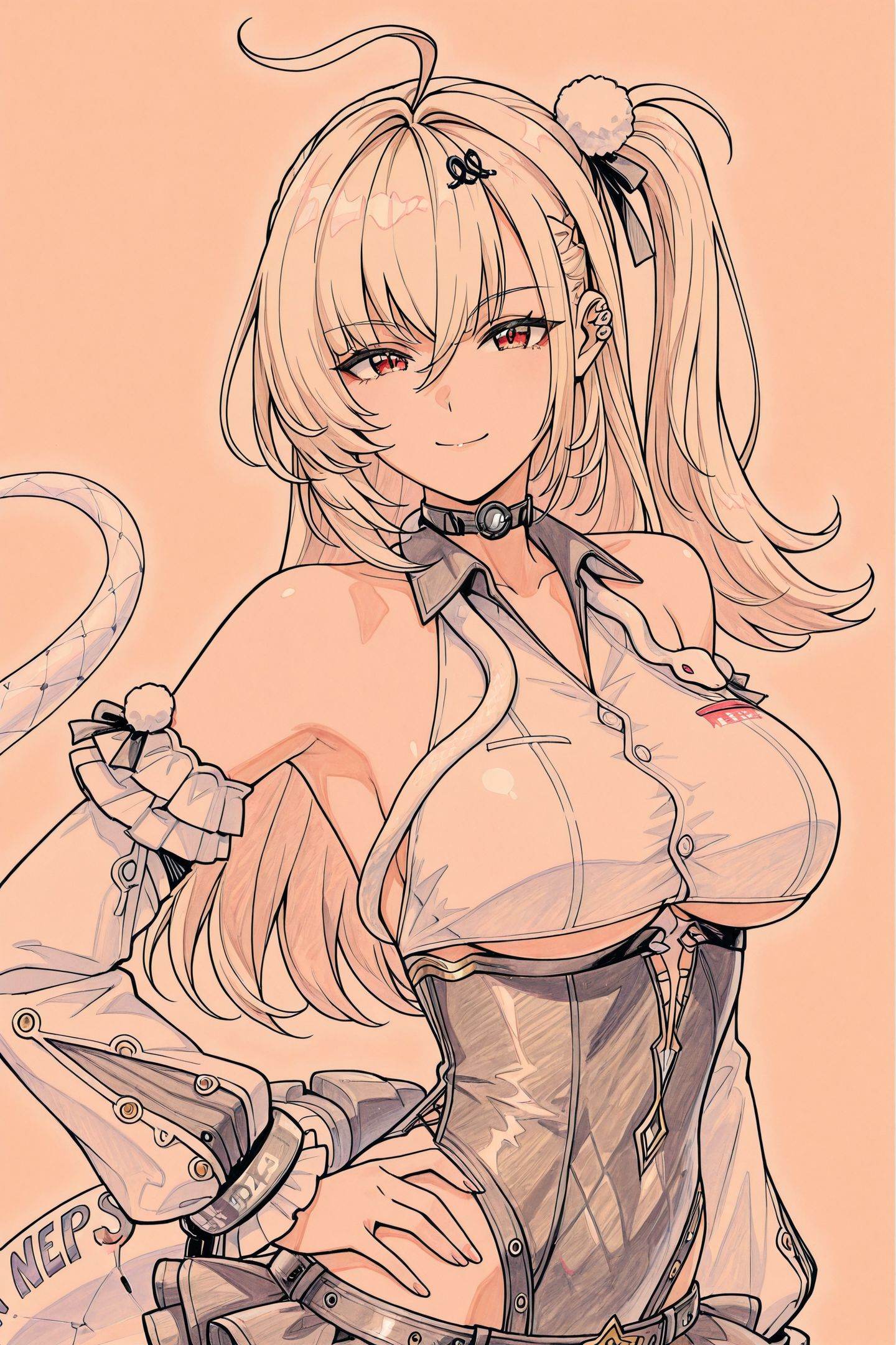 Colorful Line Art,Cissia \(zenless zone zero\),1girl,solo,long hair,looking at viewer,hair ornament,smile,ahoge,pom pom hair ornament,hairclip,Cissia's hairclip,ω,upper body,swimsuit,sleeveless,traditional media,detached sleeves,bare shoulders,one side up,frills,ear piercing,cowboy shot,hand on own hip,underboob,snake around neck,mechanical snake tail,pom pom \(clothes\),leotard,<lora:EVA_v2_illustriousXL:1>,<lora:Cissia_illustriousXL:0.8>,