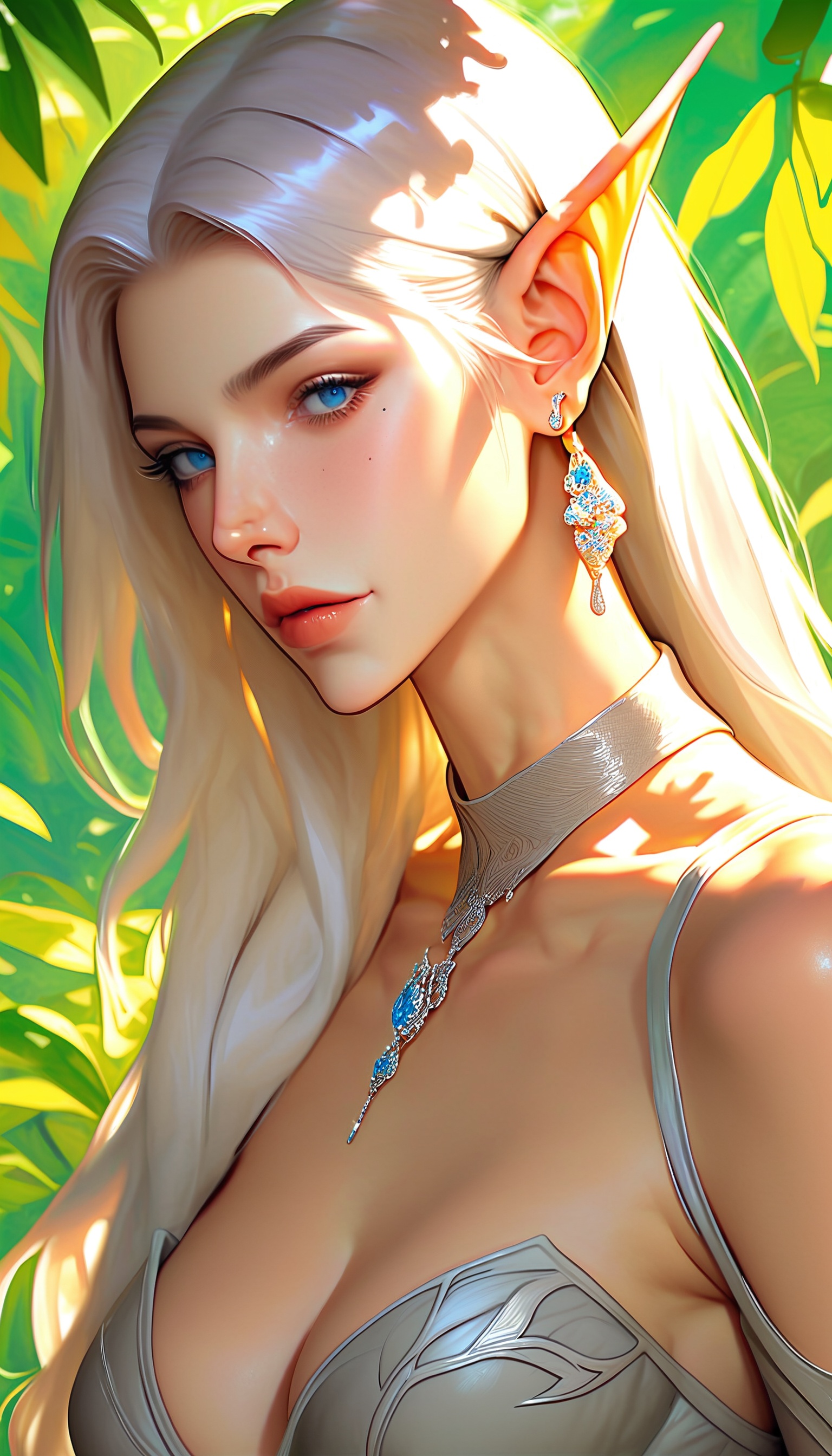 score_9,score_8_up,score_7,MAYE_X,An elven woman with long silver-white hair,blue eyes,and pointed ears. She is dressed in a gray garment adorned with gold decorations. She wears a necklace around her neck and some accessories on her hands. The background is a forest teeming with greenery.,