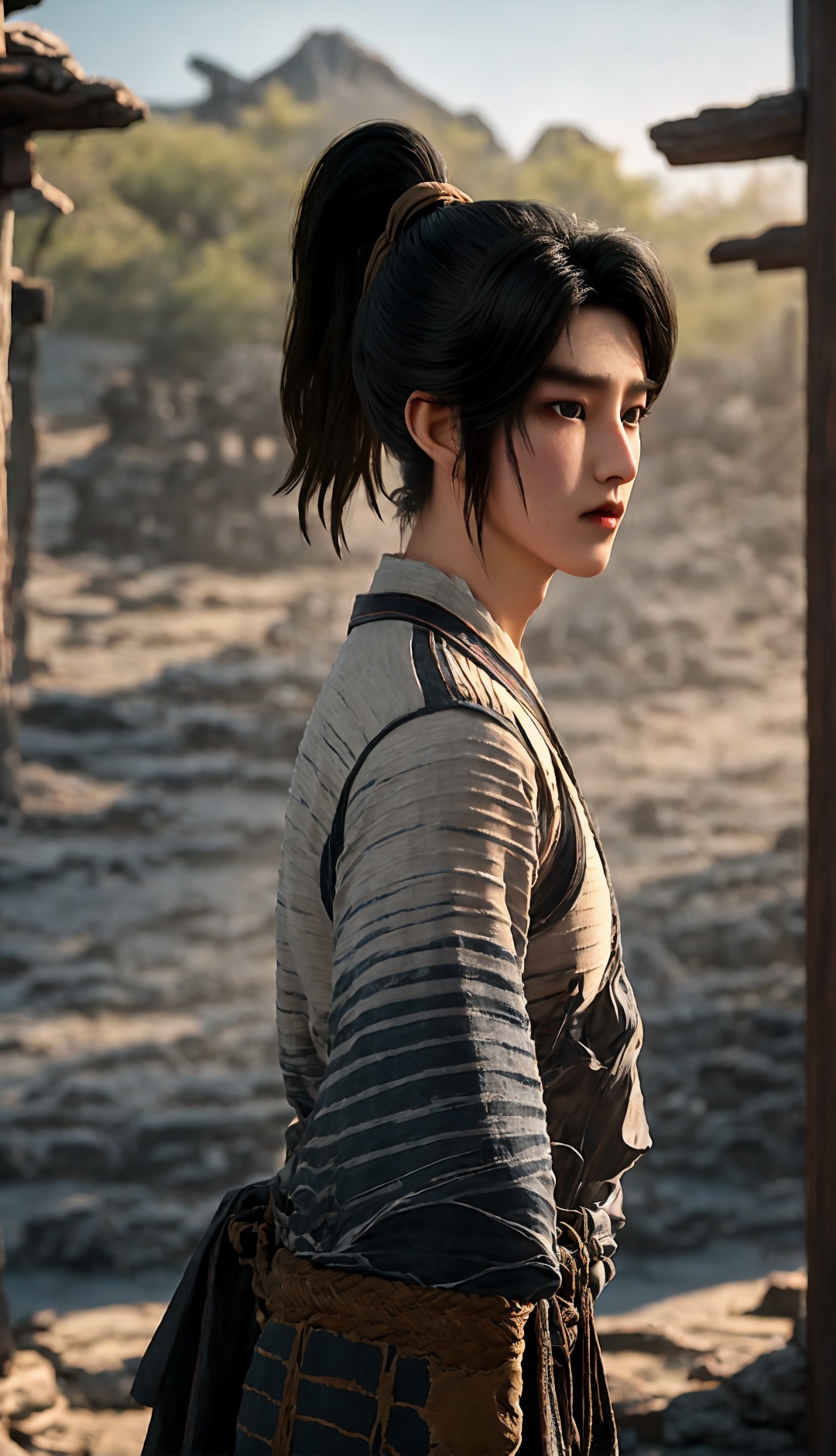 solo,blurry background,black hair,looking at viewer,realistic,outdoors,black eyes,lips,closed mouth,scar,short hair,ponytail,day,<lora:Chenpingan Boy_20240906021908:0.8>,1boy,<lora:20240601-1717253745719:0.7>,<lora:美颜lora:0.6>,old,ponytail,cowboy_shot,medium_shot,<lora:hanfu_20231118200453:0.8>,volcano,