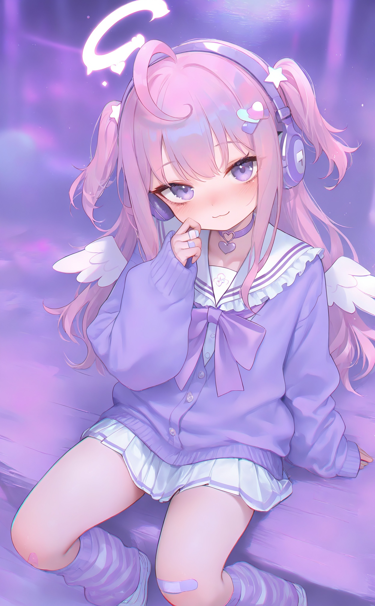 masterpiece,highres,absurdres,newest,best quality,high quality,loli,petite,chromatic_aberration,//,girl,headphones,halo,solo,wings,sailor collar,bandaid,heart,hair ornament,two side up,looking at viewer,bandaid on leg,purple eyes,angel wings,white sailor collar,skirt,loose socks,sleeves past wrists,blush,heart hair ornament,white skirt,smile,choker,socks,star hair ornament,purple hair,long sleeves,pastel colors,heart choker,bandaid on knee,frilled sailor collar,neckerchief,pink collar,sitting,striped socks,leg warmers,closed mouth,purple theme,virtual youtuber,:3,pleated skirt,mini wings,white wings,serafuku,school uniform,purple choker,hand on own face,pink hair,purple socks,frills,//,<lora:nai4zhengliu3——【noob】hans:1>,