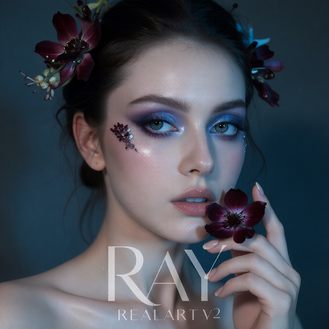 Create a studio portrait of a woman with pale skin,  intense makeup,  and floral elements. The subject has striking on Ten...
