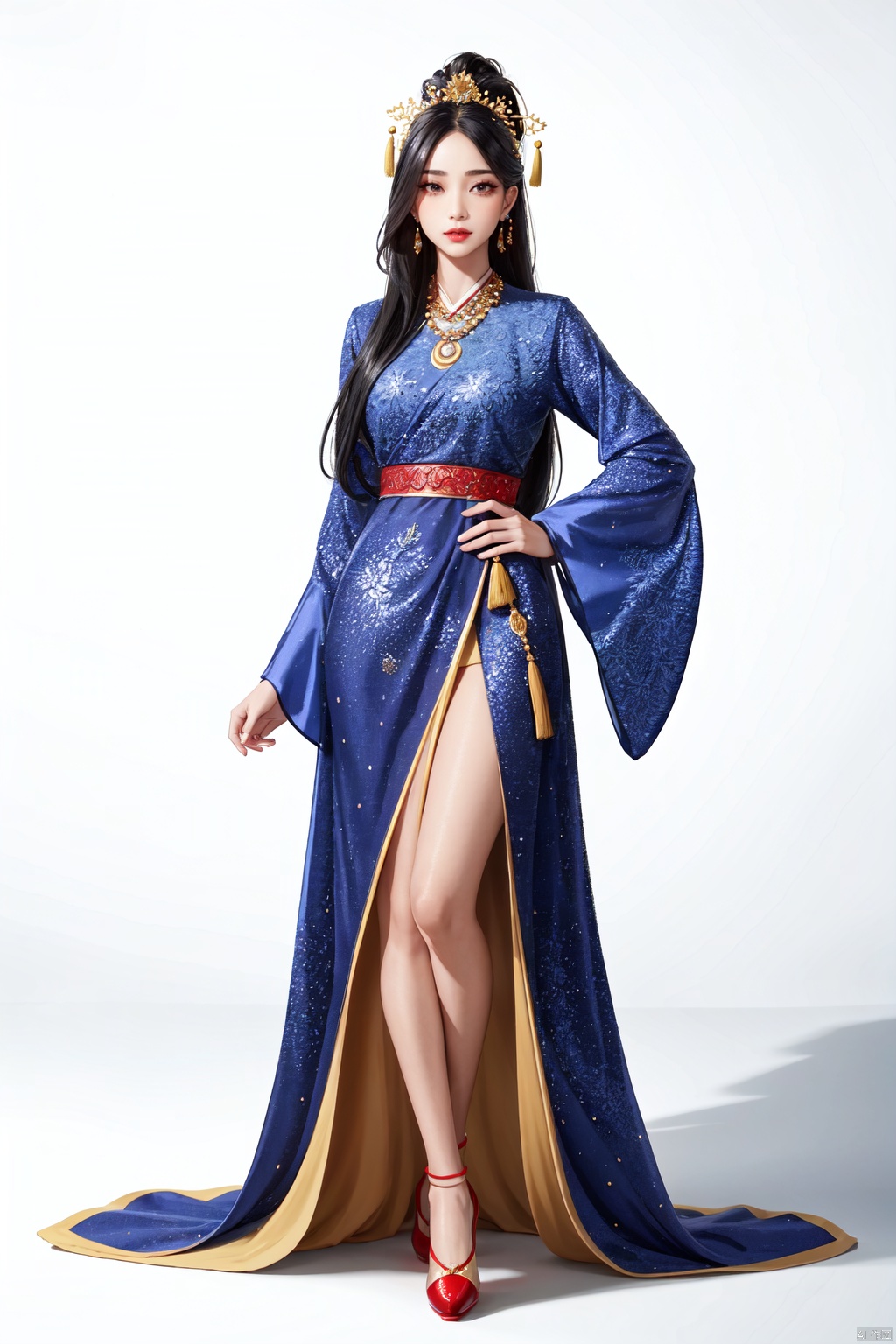 Realistic style, cinematic work, 8K wallpaper, masterpiece, very realistic quality, best quality, masterpiece, high-level, high-resolution,,,Edge lighting, dual tone lighting, soft lighting, The illuminated surface of the material has bright spots and highlights, which flicker and have a mirror effect when reflected, There are sparkling spots on the armor,,,1girl, solo, full body, black hair, hair ornament, long hair, hanfu, chinese clothes, long sleeves, dress, jewelry, flower, hair flower, wide sleeves, hair stick, shawl, realistic, simple background, looking at viewer, shoes, standing,strong rim light, Standard proportion of female body, golden proportion of female body,,,Standing, standing posture, Sexy full body standing posture,,,colorful,(detailed skin: 1.3), (detailed face: 1.3),clear focus,delicate,(mature women: 1.2),(glossy skin+glossy skin: 1.4),(sweating: 1.1),(big_eyes),red_ eyeshadow,long_ Eyelashes, red lips,,,simple background, grey background,,,(Diamond hair accessories, diamond necklaces, diamond earrings, diamond earrings, clothes embedded with diamonds, armor embedded with diamonds,:1.3),, (chuyun1:1.5)
