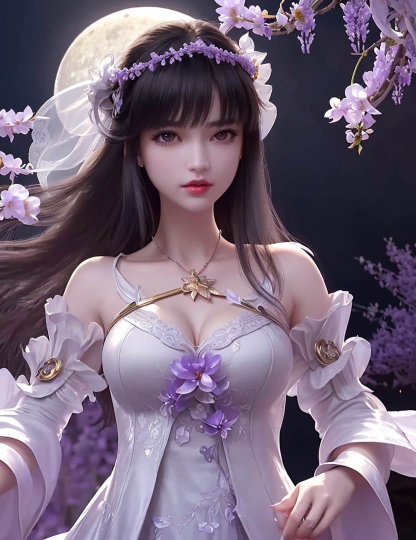 ultra realistic 8k cg, picture-perfect face, flawless, clean, masterpiece, professional artwork, famous artwork, cinematic lighting, cinematic bloom, perfect face, beautiful face, fantasy, dreamlike, unreal, science fiction,   lace, lace trim, lace-trimmed legwear,  (rich:1.4), prestige, luxury, jewelry, diamond, gold, pearl, gem, sapphire, ruby, emerald, intricate detail, delicate pattern, charming, alluring, seductive, erotic, enchanting, hair ornament, necklace, earrings, bracelet, armlet,halo((,1girl, pov,))(((1girl, jewelry, solo,breasts, looking_at_viewer,  outdoors,  full moon,  upper body, wisteria, chloris garden,  cherry blossoms, )))    <lora:DA_YueChanTeen:0.6>