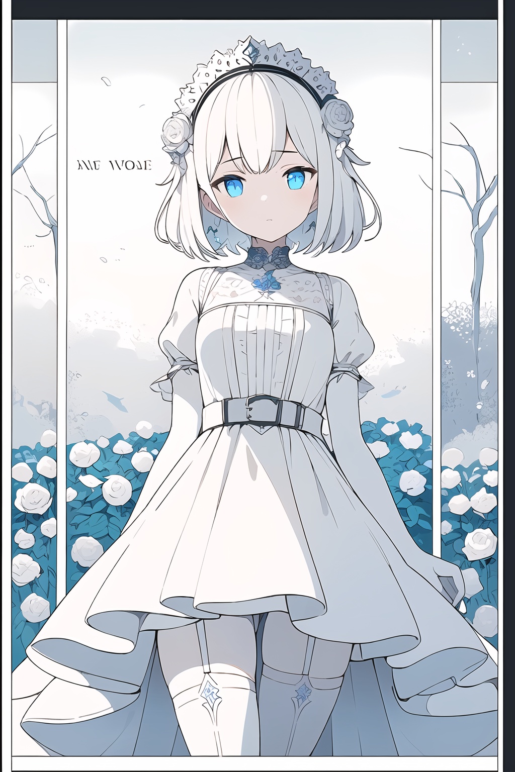 ((white theme:1.75)),((best quality)),((masterpiece)),((ultra-detailed)),(illustration),(detailed light),(an extremely delicate and beautiful),incredibly_absurdres,(glowing),(1girl:1.7),solo,a beautiful girl,(((cowboy shot))),standding,((Hosiery)),((beautiful dress+stocking):1.25),((Belts)),(leg loops),((flower headdress)),((short white hair)),(((beautiful blue eyes))),((english text)),(flower:1.65),(rose),(garden),(((border:1.75))),cozy animation scenes,<lora:Rabbit_B:0.3>,