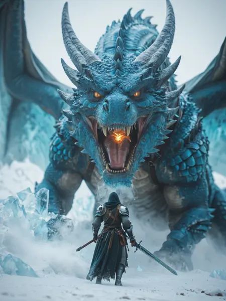 masterpiece, ultra-HD, high detail, best quality, 8k,hyper-realistic, real skin, skin blemish. light ray, film grain, 1woman, wearing magical armor, holding a sword, fighting a giant ice dragon, dragon breathing ice, ice fire, dragon boss, bosstyle. snow in background.dynamic composition, dynamic angle. floating ice dust,50mm lens, naturally blurred background,<lora:Add-cfg_scale_boost:0.3><lora:Add-*******_style_v1_pony:0.8><lora:Body-RealSkin_xxXL_v1:0.9> <lora:Add-FluxDFaeTasticDetails:0.8> <lora:MoriiMee_Gothic_Niji_Style__Pony_LoRA_V2_Alt:0.3> <lora:BossBattleIL:1>