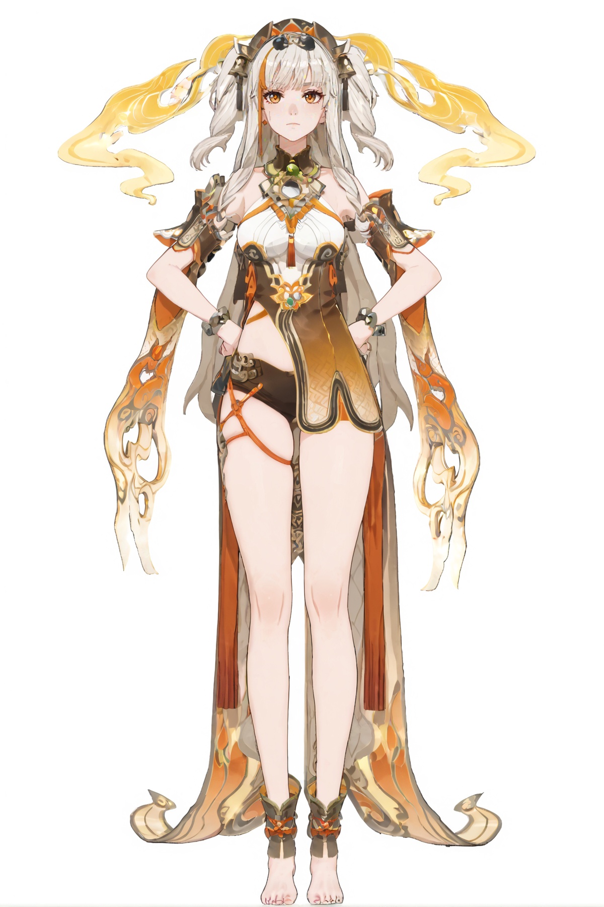 score_9, score_8_up, score_7_up, score_anime, 8k, best quality, masterpiece, (ultra-detailed), (white background:1.1), solo, hands on hip, (full body:1.1), <lora:songque-pony-Tanger:0.8>, songque, 2nd clothes, shen2, golden clothes, 1girl, long hair, jewelry, barefoot, two side up, multicolored hair, 