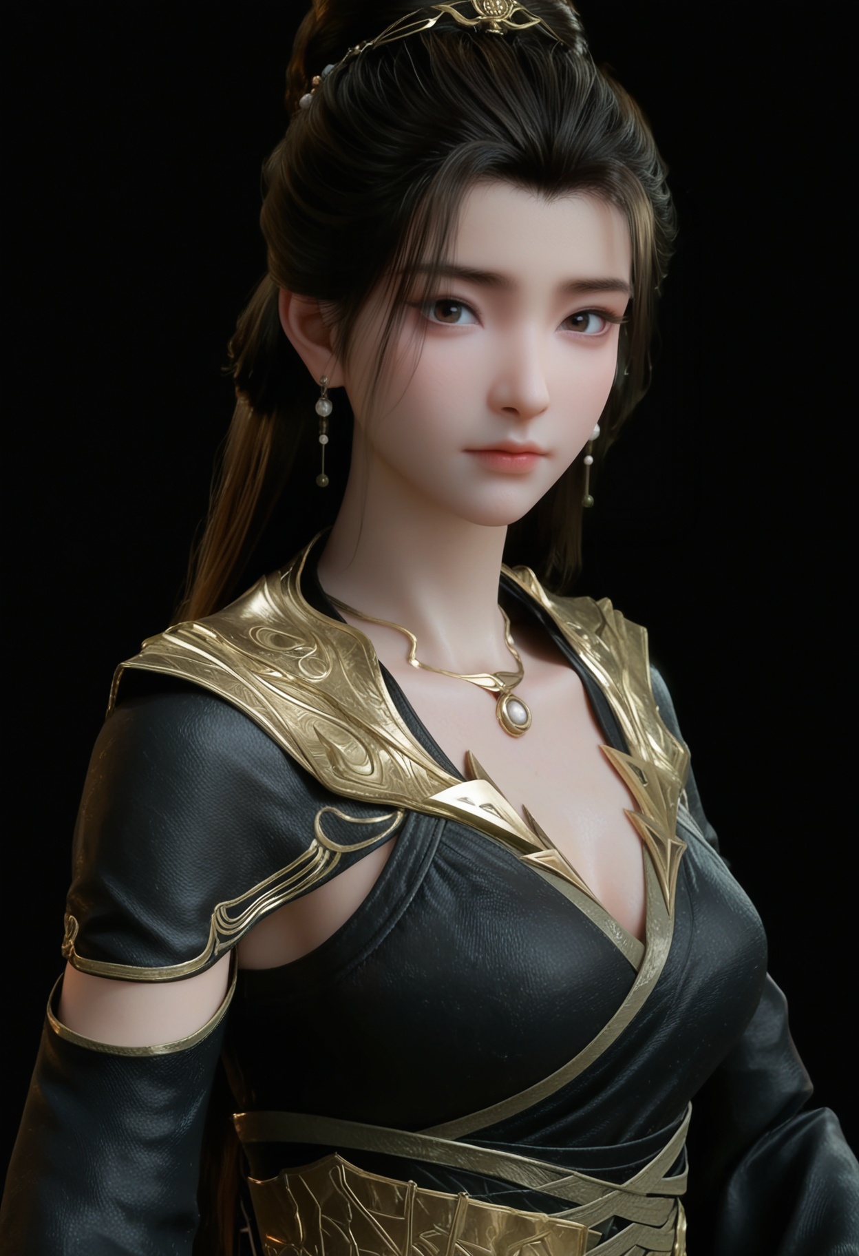 (upper_body:1.2),score_9,score_8_up,masterpiece,(best quality),intricate details,facing viewer,(looking at viewer:1.1),<lora:YQ_pony_yanruyan_V4:0.8>,q1528437228,1girl,solo,black hair,long hair,jewelry,earrings,necklace,black dress,dress,black eyes,long sleeves,hair bun,ponytail,wide sleeves,sash,single hair bun,hair ornament,detached sleeves,brown hair,pale skin,boots,black footwear,BREAKscore_9,score_8_up,masterpiece,(best quality),perfect anatomy,(hourglass),perfect face,(simple background,pure black background,black background:1.1),fair_skin,shiny_skin,Ivory_skin,