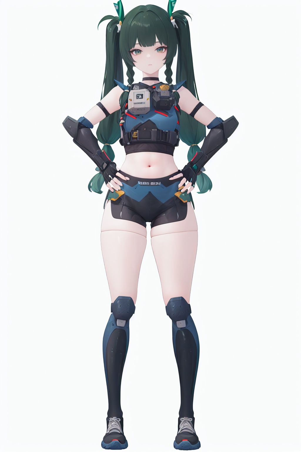 8k, best quality, masterpiece, (ultra-detailed), (high detailed skin), (full body:1.25), (white background:1.4), (simple background), standing, looking at viewer, (solo:1.2), hands on hips, <lora:qinyi-sd-Tanger-000019:0.8>, qinyi, default clothes, 1girl, long hair, fingerless gloves, robot joints, shorts, navel, twintails, 
