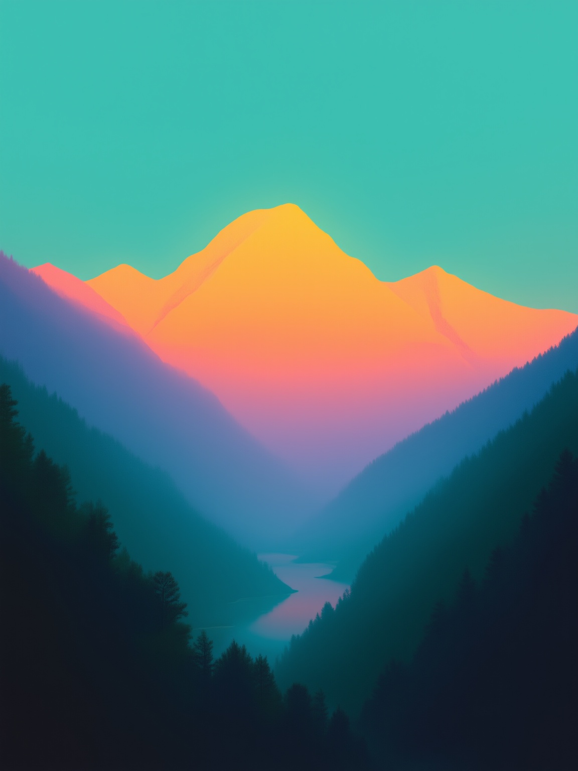 <lora:c10:0.8>,cartoon,serene mountain landscape, sunset, sky transitions, soft teal, warm orange, gentle glow, peaks, winding river, valley below, lush greenery, tranquil scene, vibrant, natures beauty