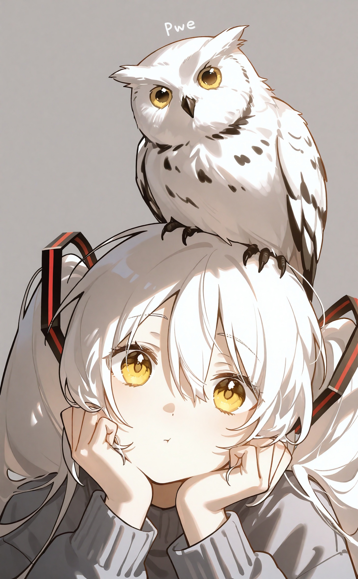 best,1girl,owl,twintails,animal on head,white hair,grey sweater,on head,yellow eyes,long hair,sweater,solo,looking at viewer,bird on head,bird,long sleeves,simple background,hair between eyes,hands on own face,hatsune miku,animal,closed mouth,head rest,:t,head tilt,grey background,pout,hands on own cheeks,hair ornament,upper body,hands up,portrait,character name,<lora:Mix konya+3-000043:0.8>,