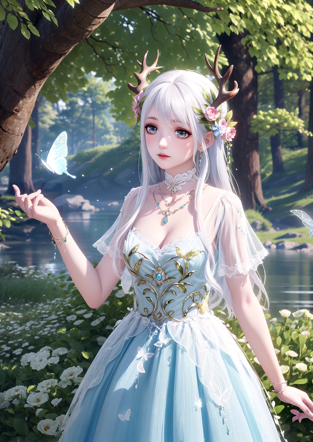 masterpiece,best quality,1girl,Nikki,deer,jewelry,dress,butterfly,tree,nature,white hair,solo,outdoors,long hair,horns,water,antlers,forest,necklace,blurry,