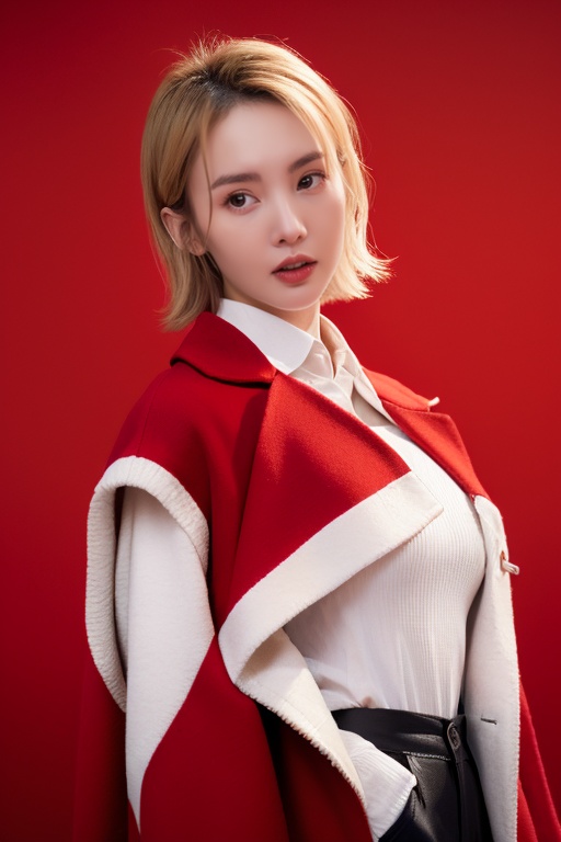Outdoor scenery,snow view,Snow Mountain,girl,red wool coat,pretty face,short hair,blonde hair,(photo reality:1.3),Edge lighting,(high detail skin:1.2),8K Ultra HD,high quality,high resolution,the best ratio of four fingers and a thumb,(photo reality:1.3),wearing a red coat,white shirt inside,big chest,solid color background,solid red background,advanced feeling,texture full,1 girl,Xiqing,HSZT,Xiaxue,dongy,a girl,magic eyes,black 8d smooth stockings,1girl,sd_mai,xiqing,tm,((poakl flower style)),((poakl)),(()),<lora:jinchen22>