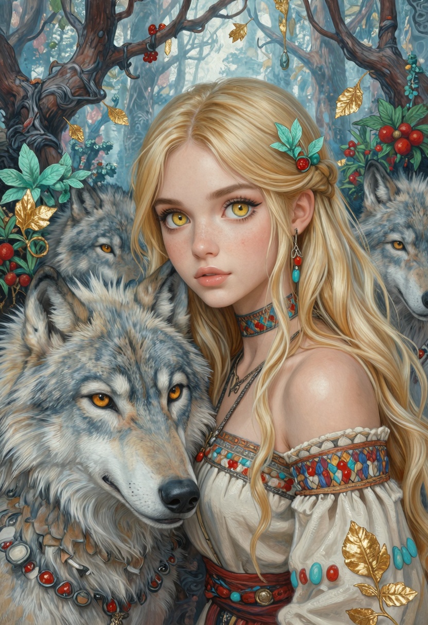 An illustration to the ancient myth of a woman living with wolves. Detailed art,  against the background of a forest with...