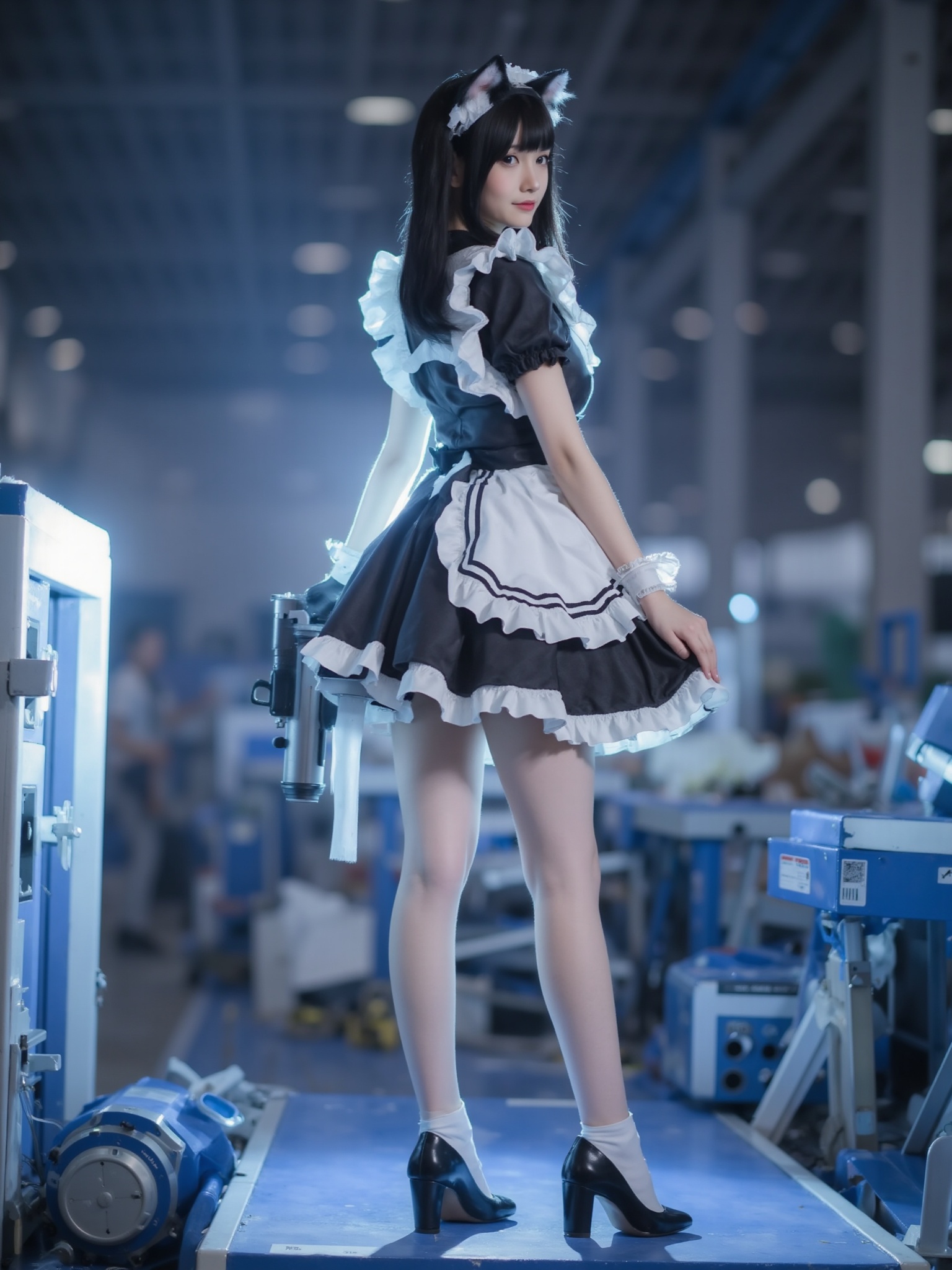 This is a high-resolution photograph of a young woman dressed in a cosplay costume. She stands in a playful, provocative pose, with her back turned to the camera, revealing her slender physique. Her costume is a traditional French maid outfit, featuring a black and white maid dress with short sleeves and a frilled apron, complete with a white headband and black cat ears. She holds a toy gun in her right hand, pointed towards the viewer. Her black hair is styled in a bob with bangs, and her makeup is minimal, with a hint of pink lipstick and light eyeshadow.The background is a cluttered industrial setting, with blue and white metal structures and a bright, glowing light source illuminating her from behind, creating a dramatic effect. She stands on a blue platform, possibly a stage, with a blurred, dark background suggesting a studio setting. Her costume is detailed and tailored, with a slightly revealing neckline and a high slit in the skirt, emphasizing her slender legs. The overall aesthetic combines elements of cosplay and fetish, with a touch of anime influence, particularly in the maid outfit and cat ears. The image is vibrant and well-lit, highlighting the intricate details of her costume and the playfulness of her pose.<lora:YY-超女-女仆装F.1:1>,