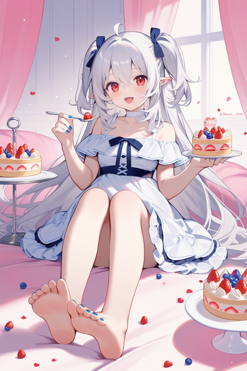 1girl, solo, food, barefoot, dress, strawberry, fangs, soles, white dress, red eyes, fruit, long hair, white hair, tiered tray, cake, holding, bare shoulders, pointy ears, fork, very long hair, two side up, smile, blueberry, off shoulder, nail polish, holding fork, :d, sitting, off-shoulder dress, looking at viewer, ribbon, hair between eyes, blush, frilled dress, breasts, frills, toenails, feet, toenail polish, ahoge, twitter username, open mouth, curtains, holding food, toes
