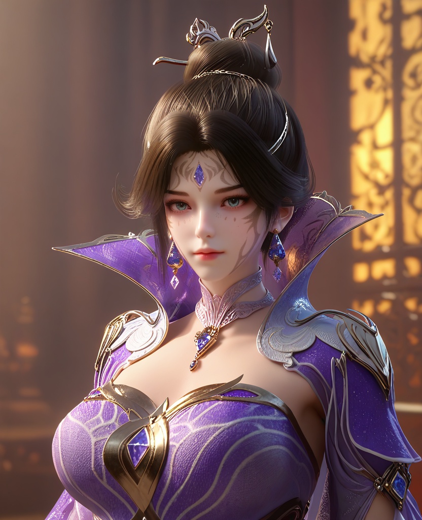 (arm at her side:1.1),looking at viewer,(large breasts:1.2),<lora:XL16云深不知梦白璃:0.95>,miss baili,purple tiered gown,blue eyes,facial mark,forehead jewel,black hair,hair ornament,single hair bun,earrings,jewelry,high collar,necklace,, score_9,score_8_up,score_7_up,score_6_up,score_5_up,score_4_up,3d rendering,tag1,tag2, Cinematic Lighting,backlighting,