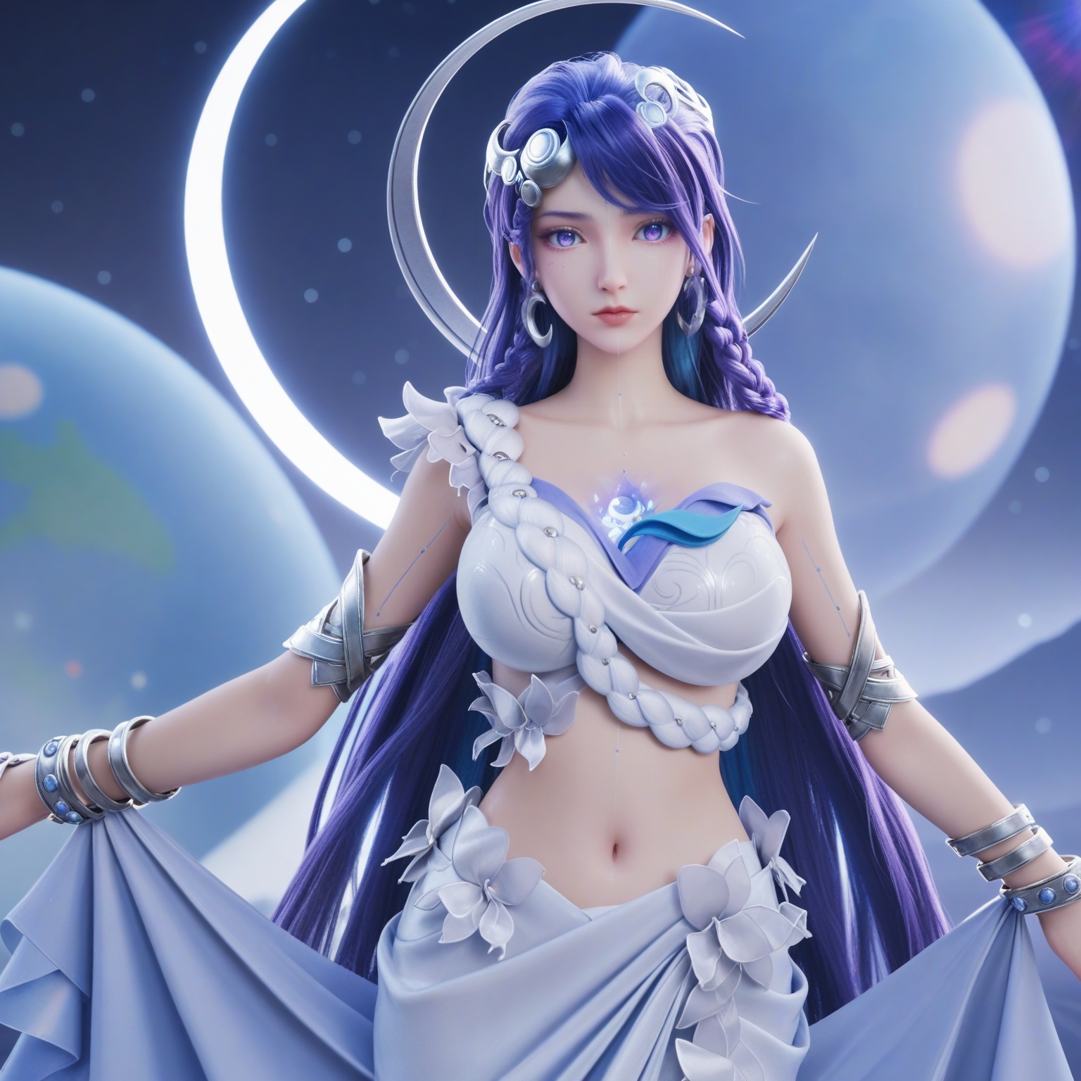(upper_body:1.1),(huge breasts:0.9),<lora:YQponyhaiyueV4:0.8>,q1528437228,solo,1girl,long_hair,purple_hair,jewelry,hair_ornament,earrings,blue_eyes,dress,blue_hair,braid,bracelet,crescent,bare_shoulders,midriff,very_long_hair,white_dress,skirt,crescent_hair_ornament,armor,collarbone,purple_eyes,shoes,high_heels,realistic,blue_footwear,armlet,night,crescent_earrings,facial_mark,barefoot,hair_rings,long_skirt,white_pantyhose,white_skirt,wings,blue_dress,blush,(looking_at_viewer:1.1),BREAKintricate details,shiny_skin,solo focus,(blurry background:1.1),(depth of field:1.1),perfect_anatomy,(cinematic lighting:0.9),(volumetric lighting:0.9),light rays,shiny clothes,light beam,hourglass,(Short torso:1.1),(High waistline:1.1),(planet,:1.2),