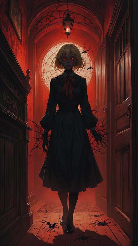 Nightmare theme,  Anime style,  a living silhouette of a shadow black fog old woman trying to scare a girl from the darkne...