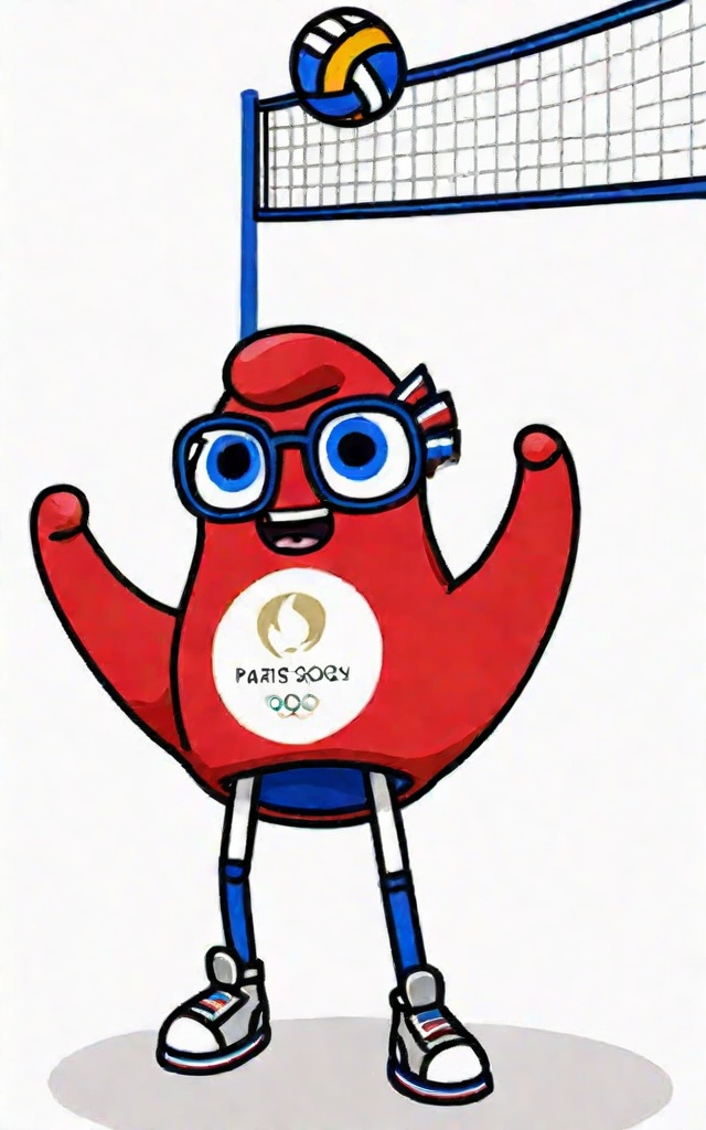 1boy, playing volleyball, arms up, ball, blue eyes, english text, full body, glasses, happy,  no humans, parisayjixiang, red footwear, shoes, simple background, smile, solo, standing, white background, white footwear,  <lora:XL_ParisAYJixiang.128:0.7>