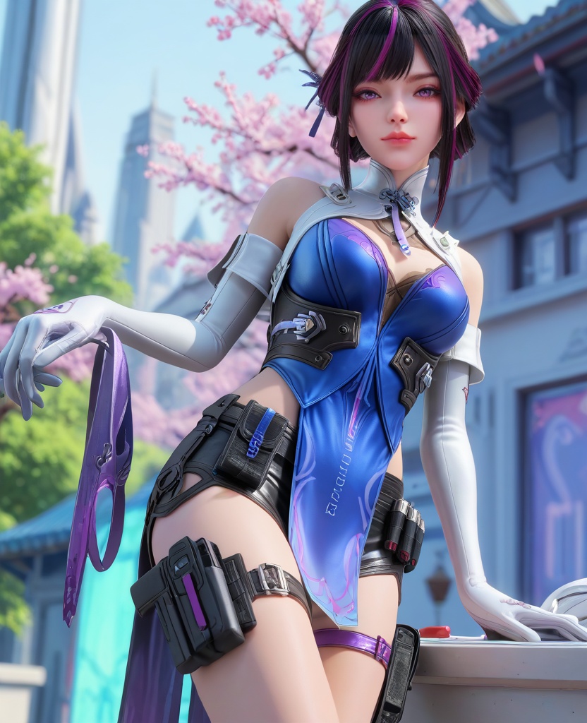 (oriental architecture, elegant decor, sophisticated style:1.1),(ironing:1.1),(breasts:1.2),<lora:XL16穿越火线虹儿潜伏者:0.95>,miss honger,blue corset,black lace bra,purple eyes,half updo with sidelocks,black hair,streaked hair,white glove sleeves,white collar,sash,black shorts,blue pelvic curtain,thigh strap,, score_9,score_8_up,score_7_up,score_6_up,score_5_up,score_4_up,3d rendering,tag1,tag2, Cinematic Lighting,backlighting,, zPDXL3, zPDXL2,zPDXL, zPDXLxxx, zPDXLrl,