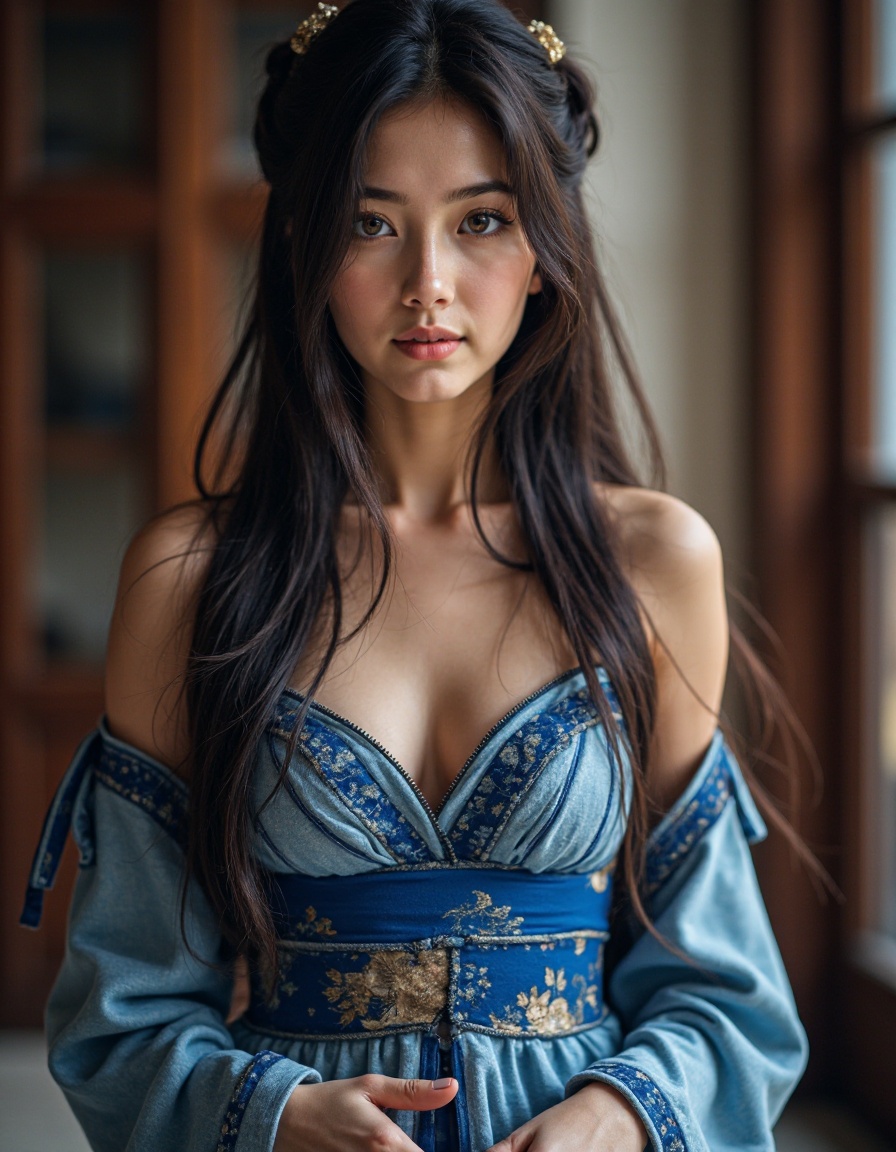 woman with long hair and brown eyes, wearing a blue chinese skirt,