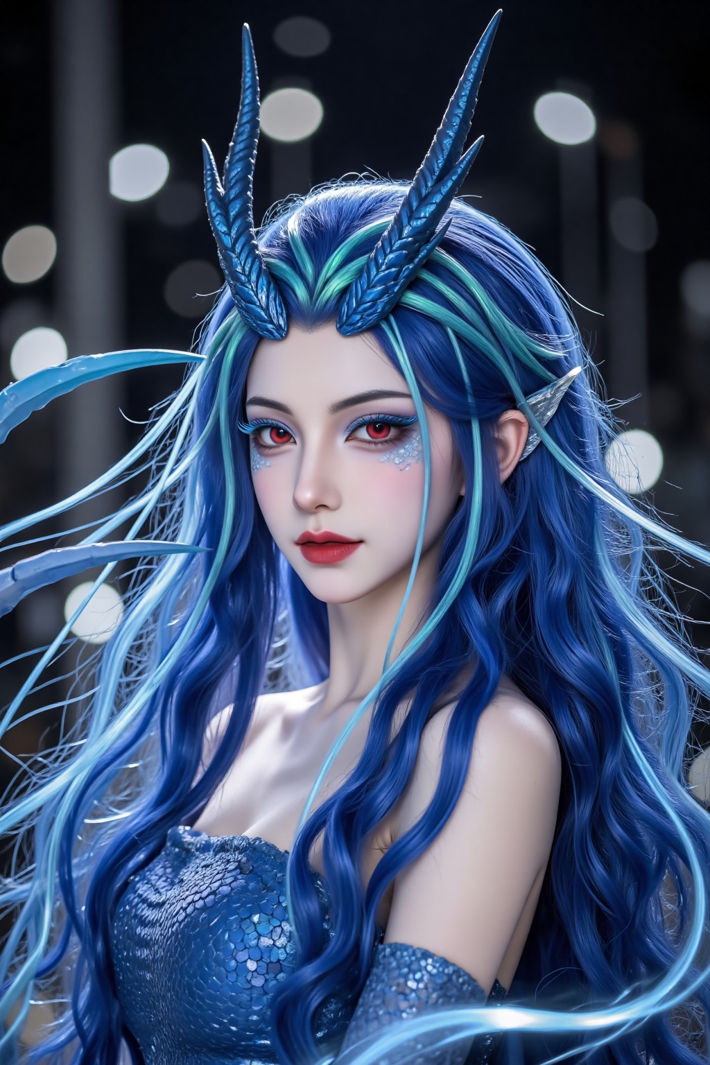 ZOZ_QR,a photo-realistic shoot from a low-angle perspective about a fantasy character with blue hair and dragon-like features,posed in a serene and mystical setting,the image also shows soft bokeh lights in the background,creating a dreamy atmosphere,on the middle of the image,a young woman appears to be looking directly at the viewer with a serious expression,she has long,flowing blue hair with a mix of blue and green hues,and her eyes are a striking red color,she is wearing a blue,feathered headdress with dragon horns,which adds to her mystical and fantastical appearance,her body is slim,and she has a mole under her eye,her hair is styled in a way that accentuates her features,her lips are painted with red lipstick,adding to the overall sense of sensuality and fantasy,